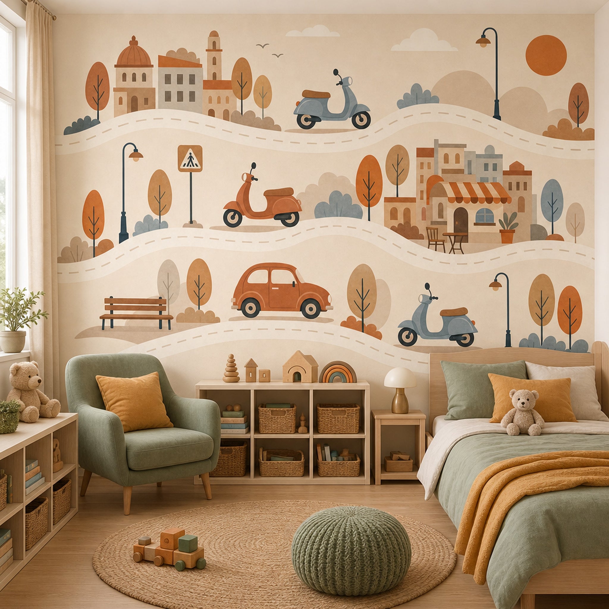 Illustrated Landscape Wallpaper European Town Scooters Removable Wall Decor