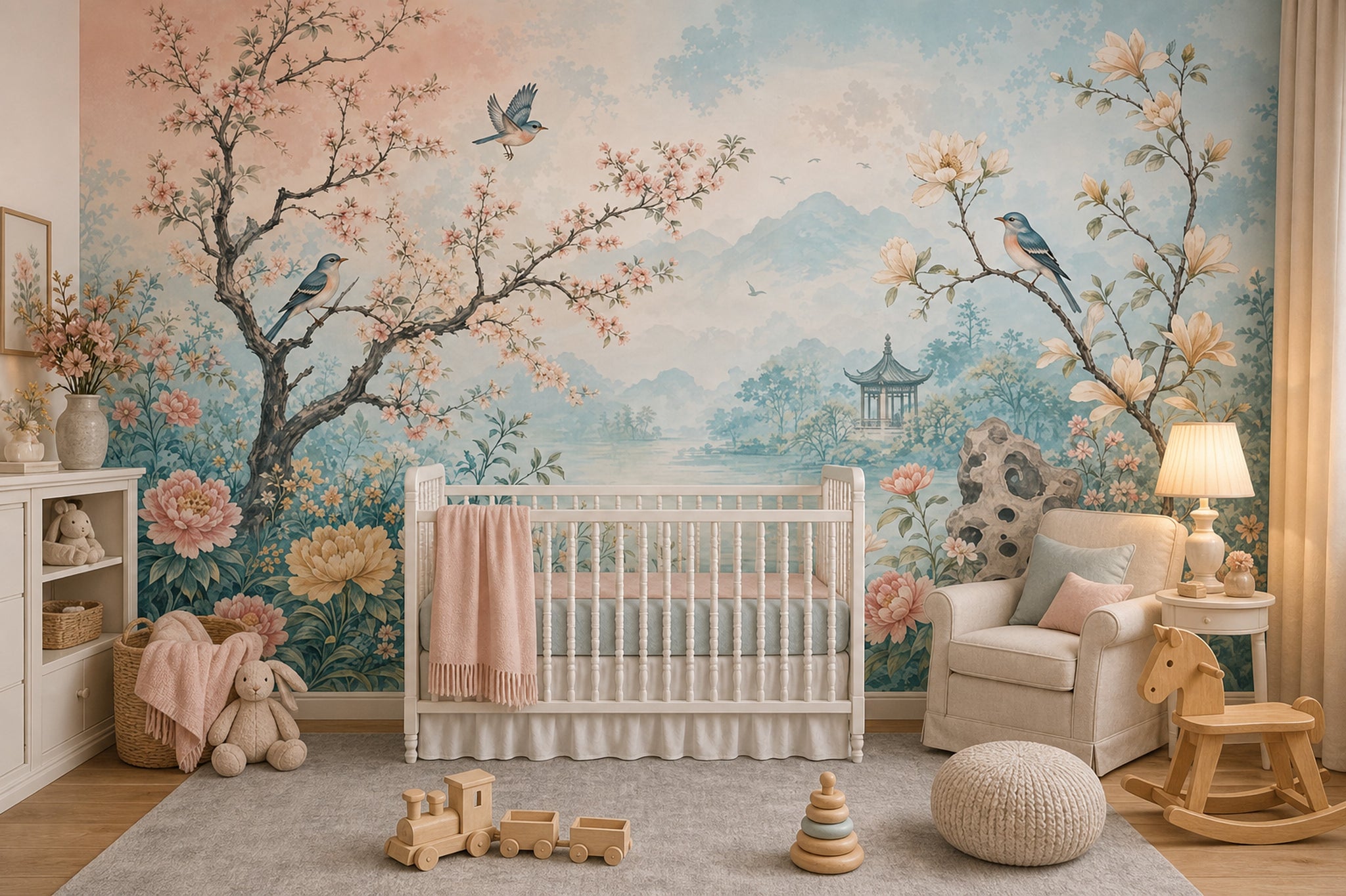 Pastel Watercolor Wallpaper Floral Landscape Birds On Branches Wall Mural