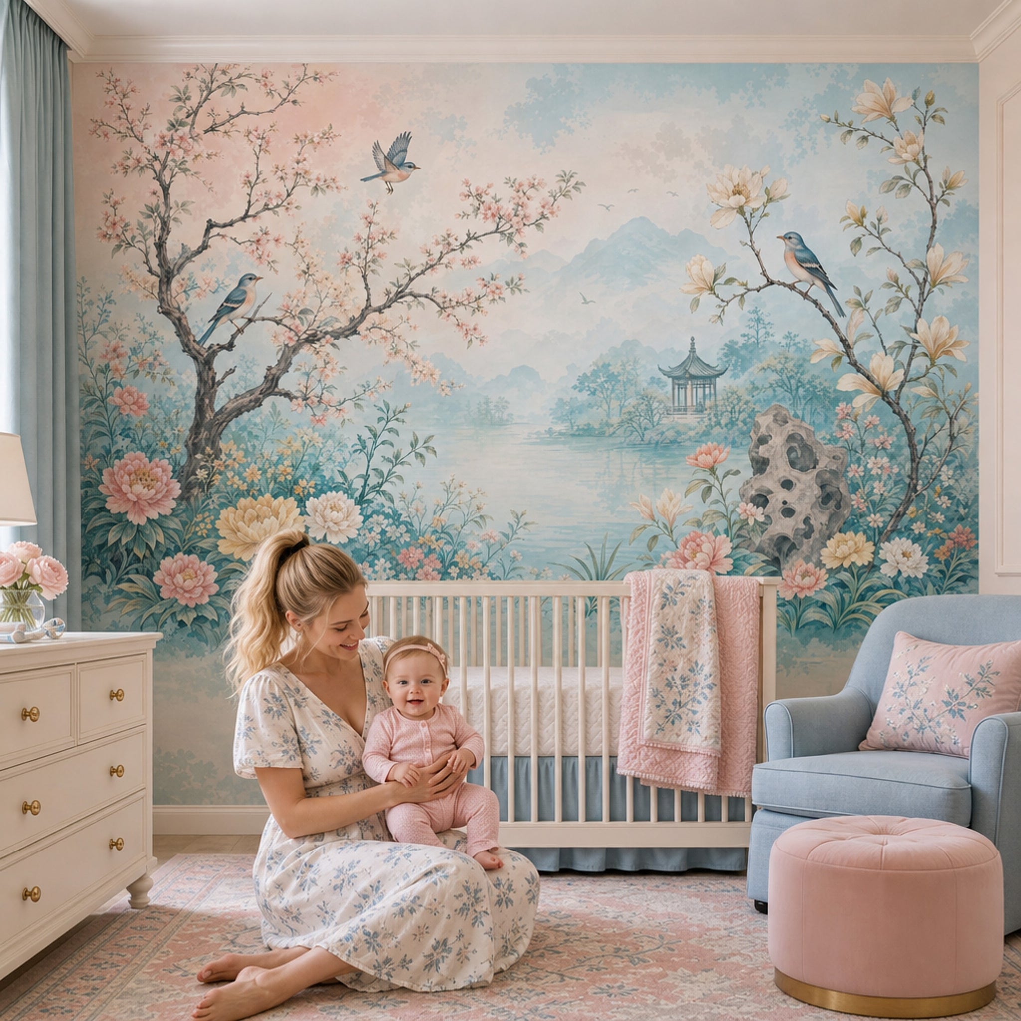 Pastel Watercolor Wallpaper Floral Landscape Birds On Branches Wall Mural