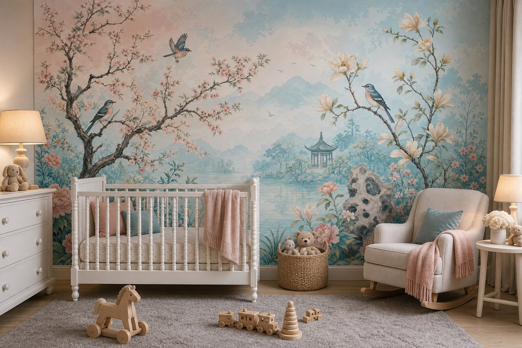 Pastel Watercolor Wallpaper Floral Landscape Birds On Branches Wall Mural