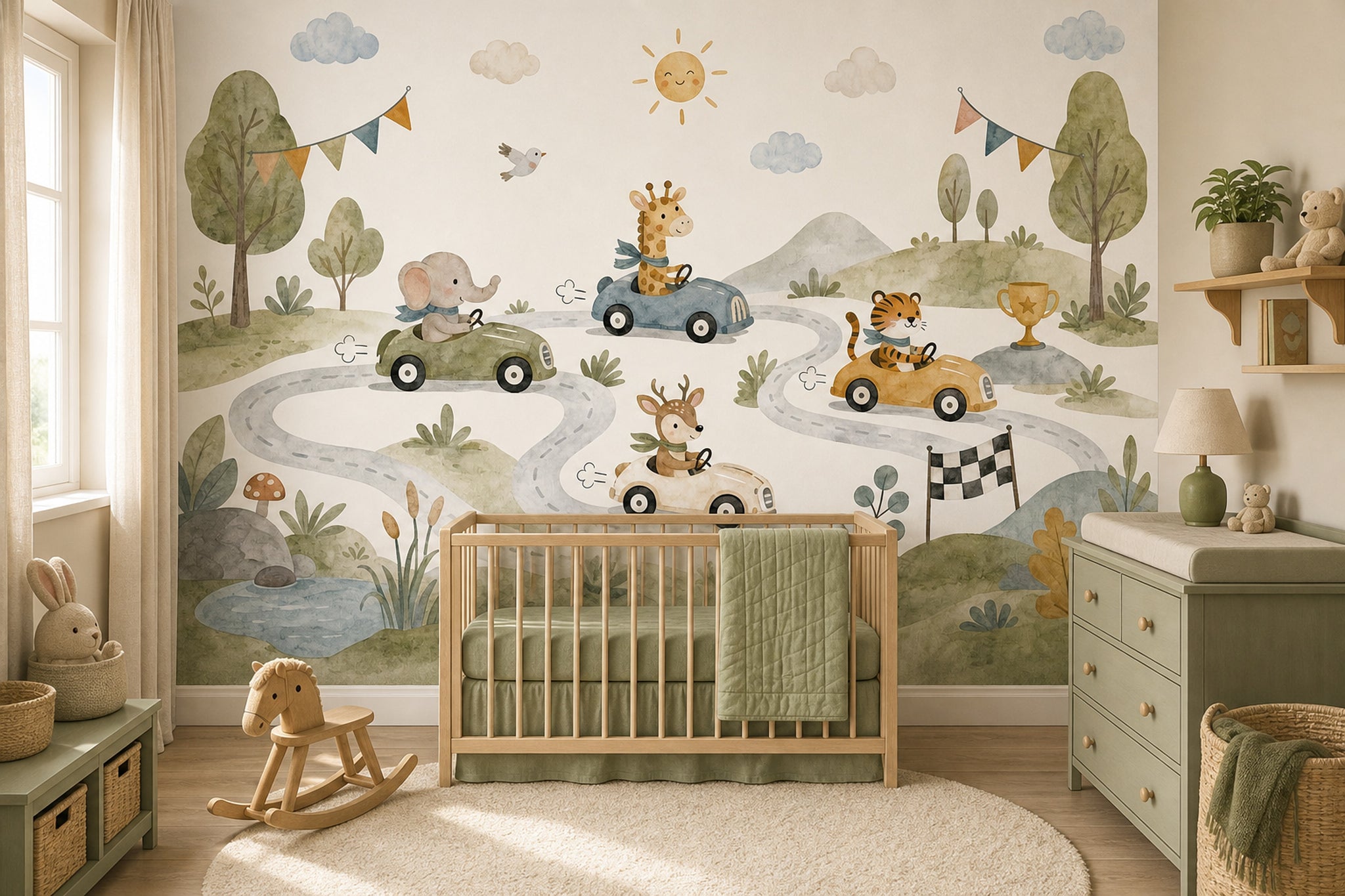 Kids Wallpaper Wallpaper Watercolor Removable Animal Race Cars Wall Decor
