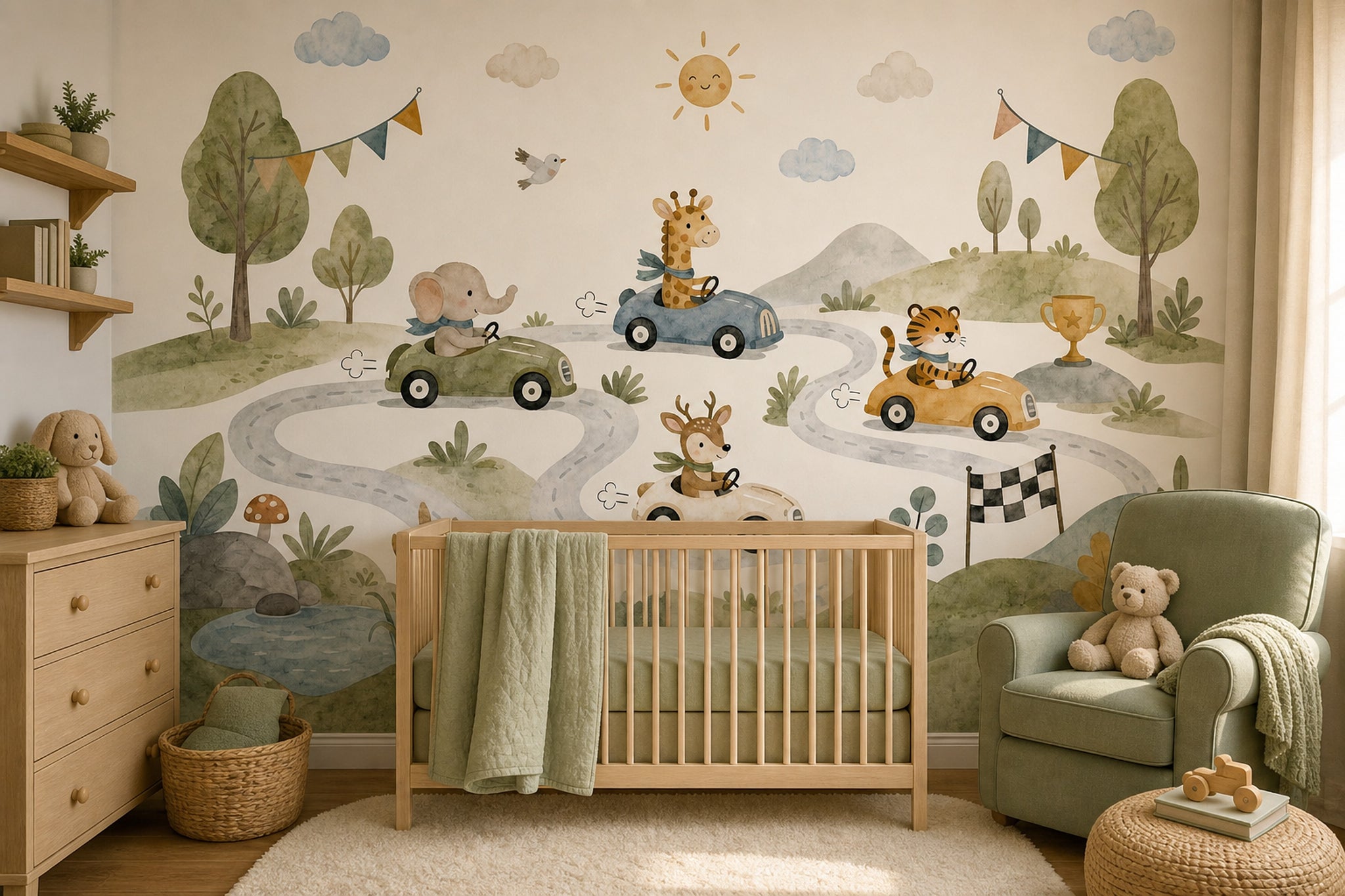 Kids Wallpaper Wallpaper Watercolor Removable Animal Race Cars Wall Decor