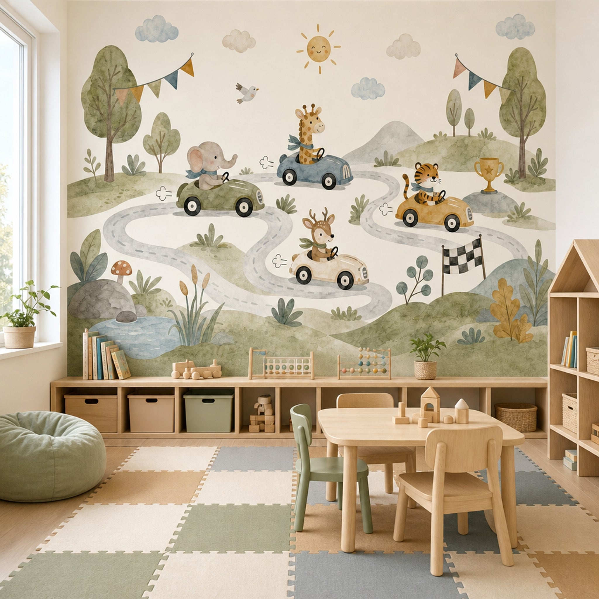 Kids Wallpaper Wallpaper Watercolor Removable Animal Race Cars Wall Decor