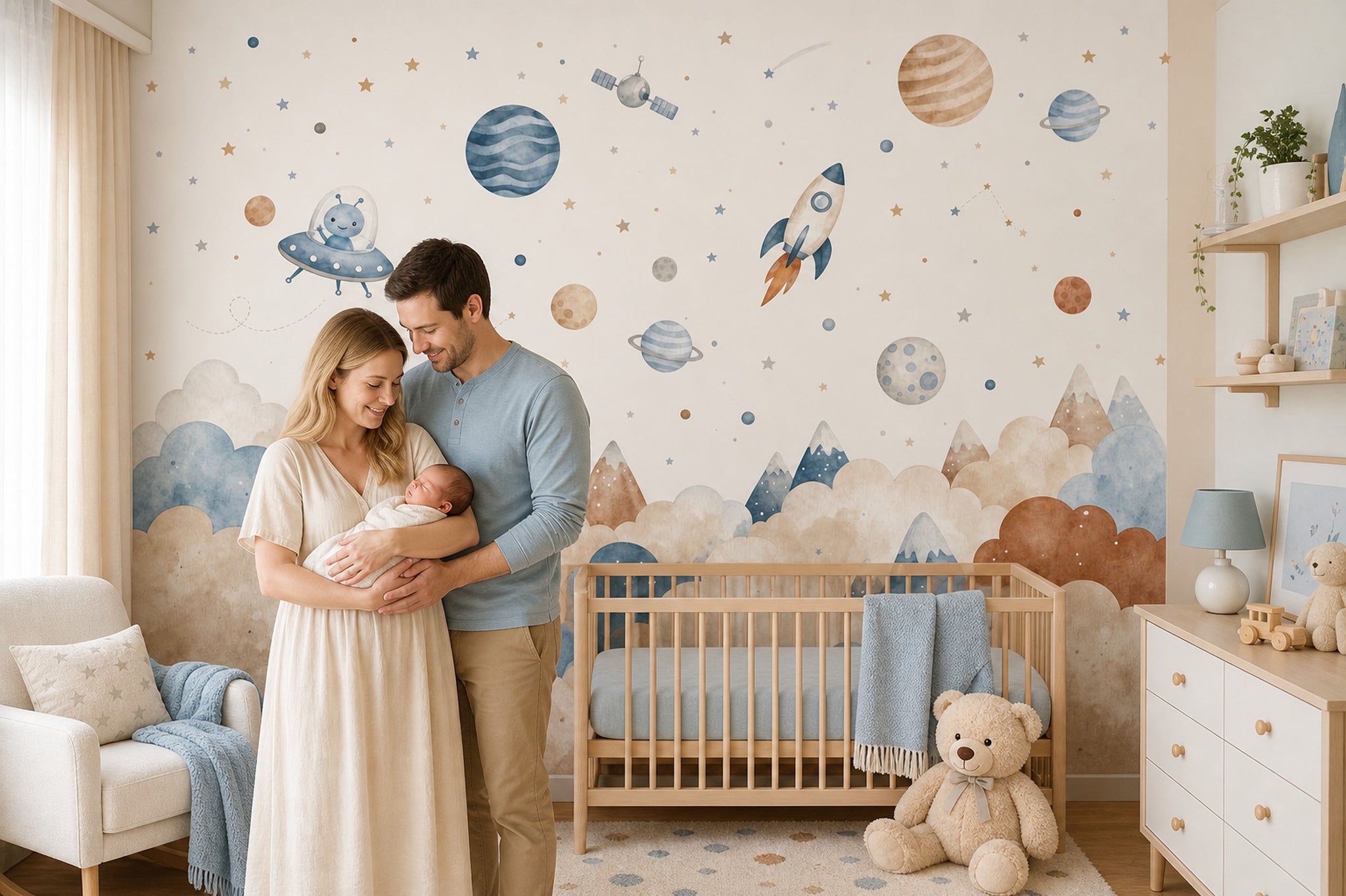 Space Wallpaper Watercolor Planets Removable Wall Decor