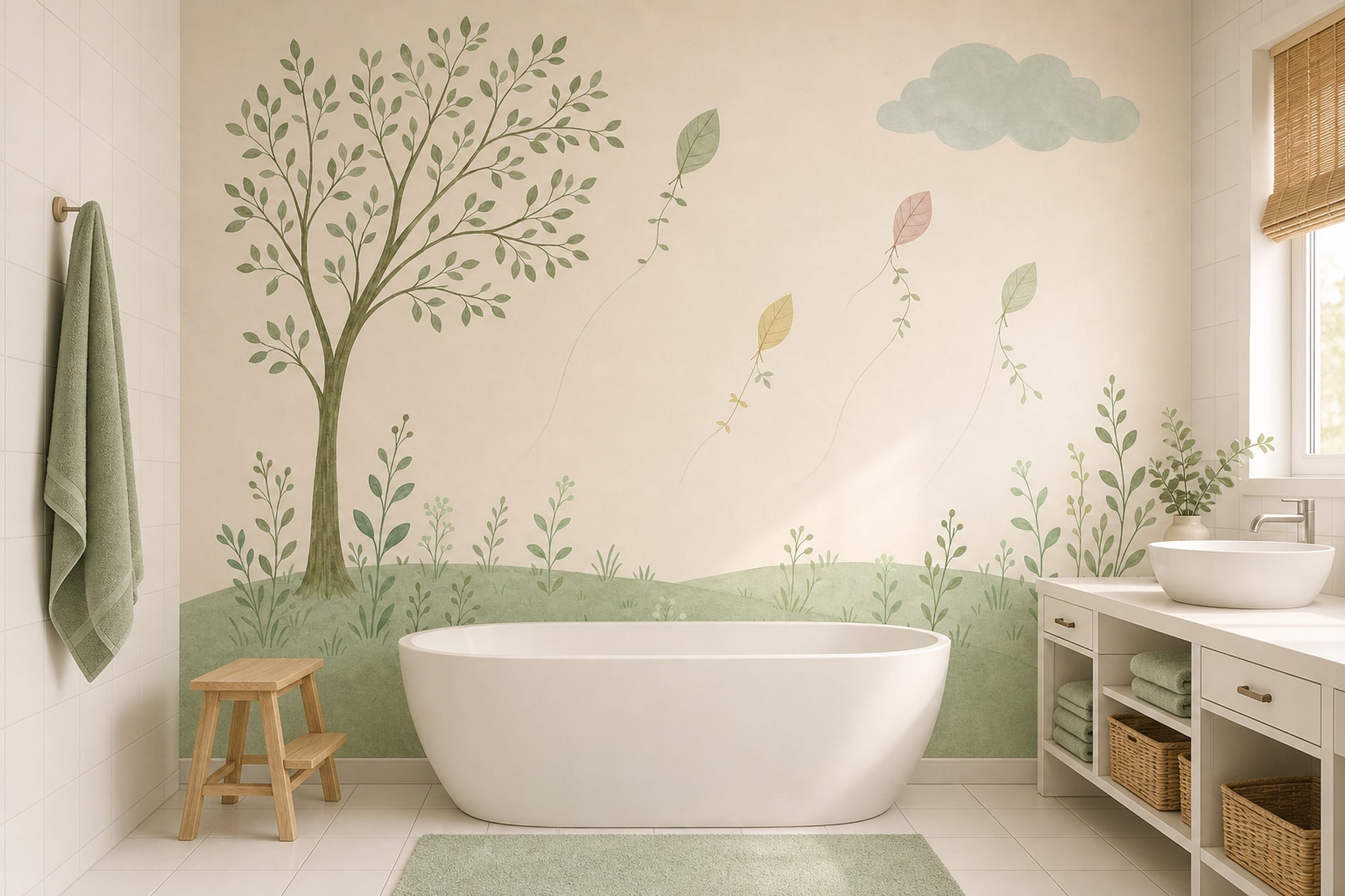 Watercolor Landscape Wallpaper Tree Illustration Leaf Kites Removable Wall Decor