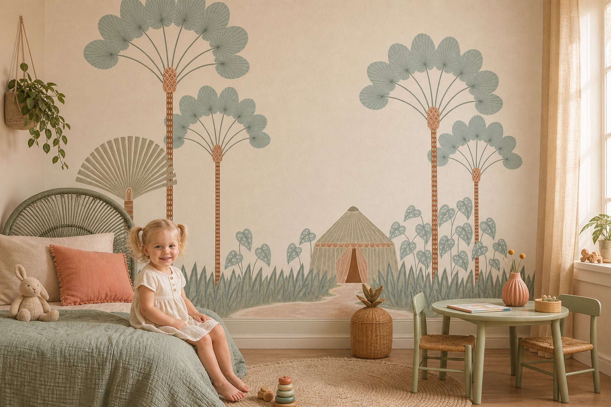 Stylized Landscape Wallpaper Palm Trees Removable Tent Hut Wall Decor