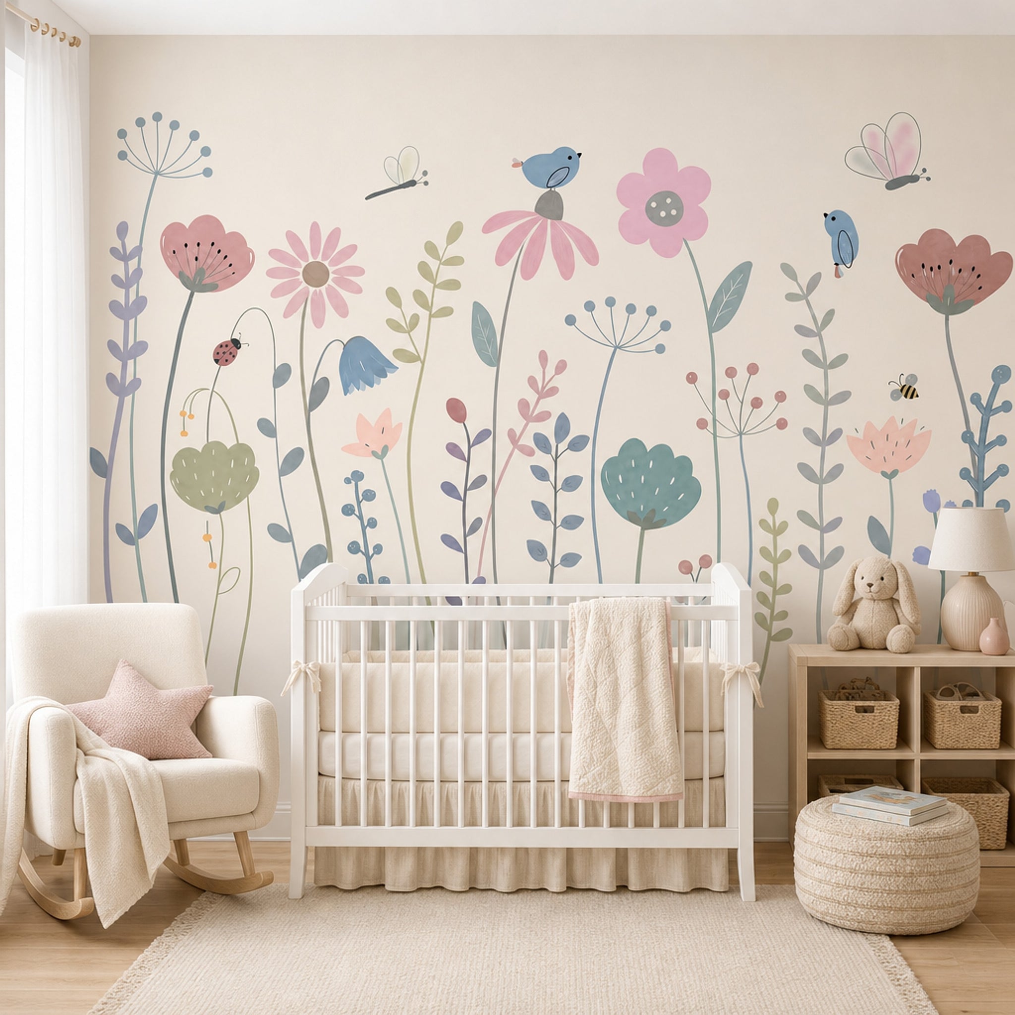 Floral Meadow Wallpaper Pastel Whimsical Removable Wall Decor