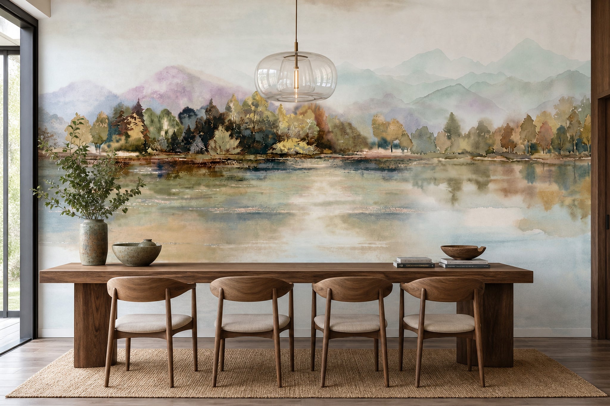 Watercolor Landscape Wallpaper Misty Mountains Lake Reflection Removable Wall Decor