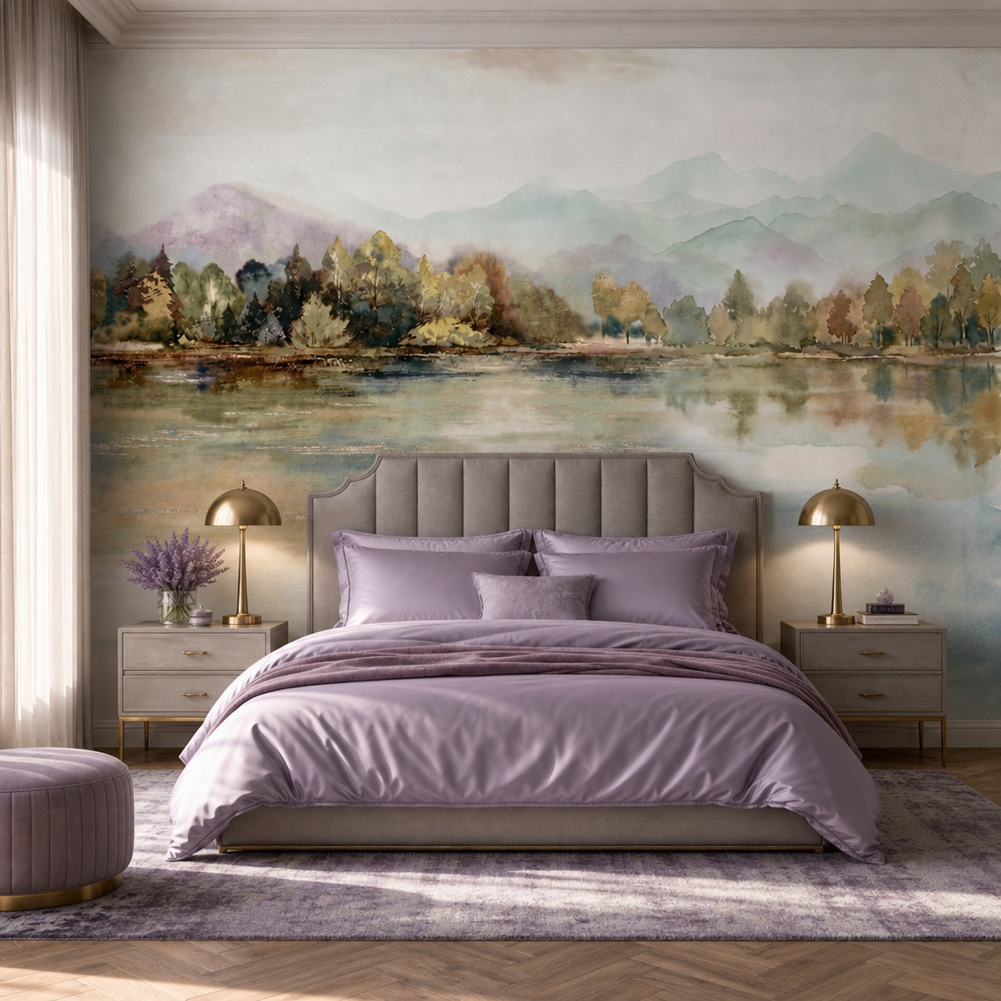 Watercolor Landscape Wallpaper Misty Mountains Lake Reflection Removable Wall Decor