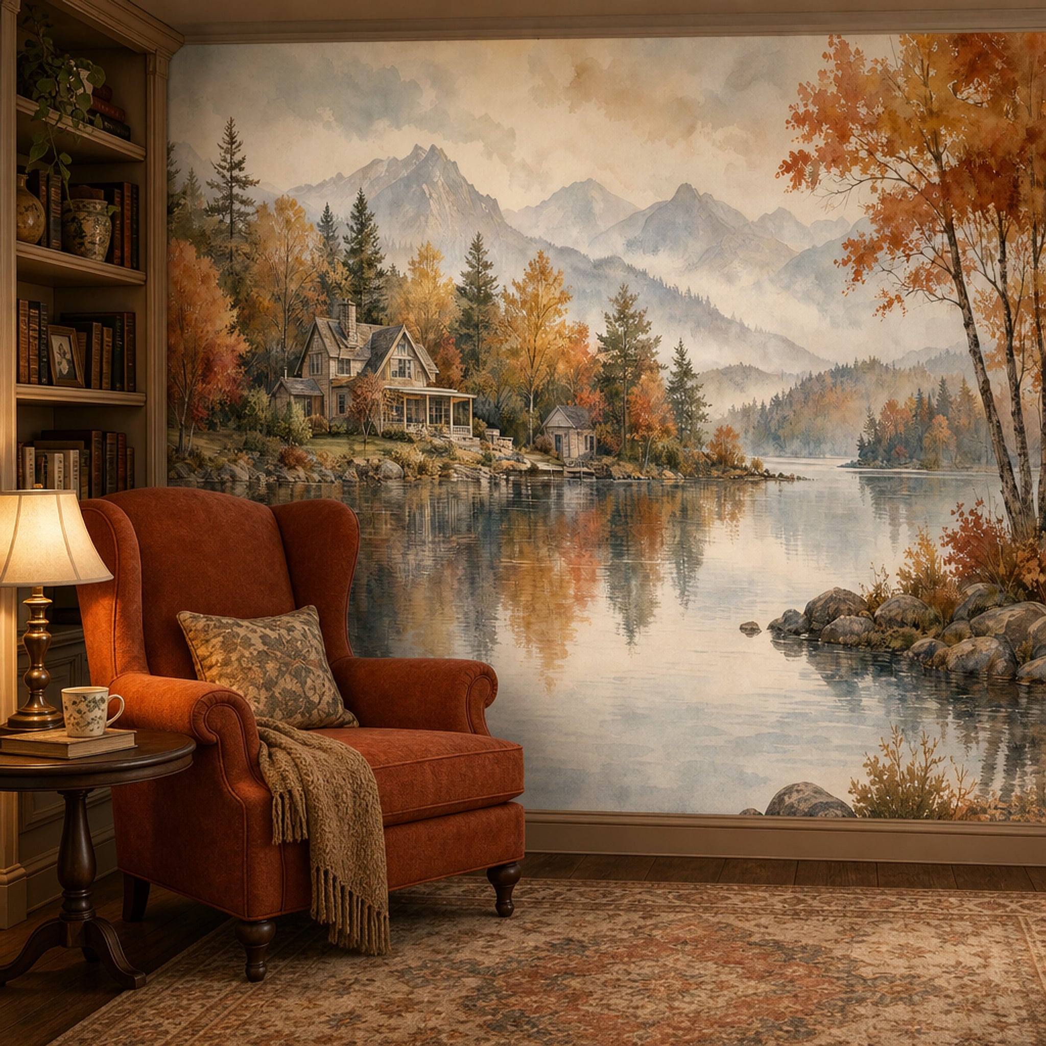 Autumn Landscape Wallpaper Lakeside Cabin Mountain Mist Wall Mural