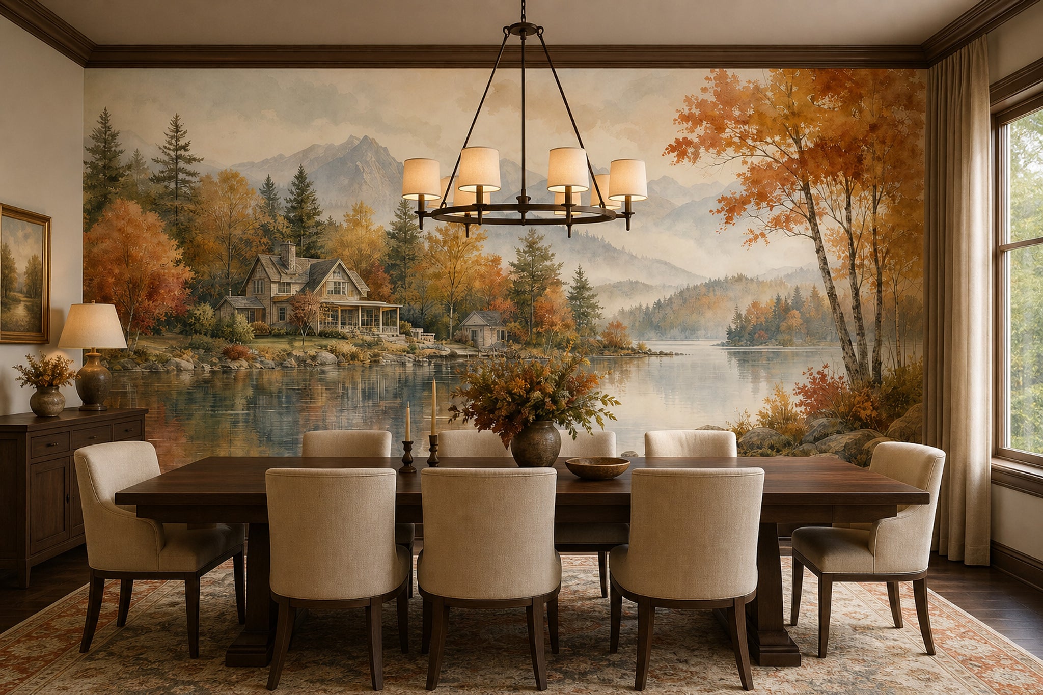 Autumn Landscape Wallpaper Lakeside Cabin Mountain Mist Wall Mural