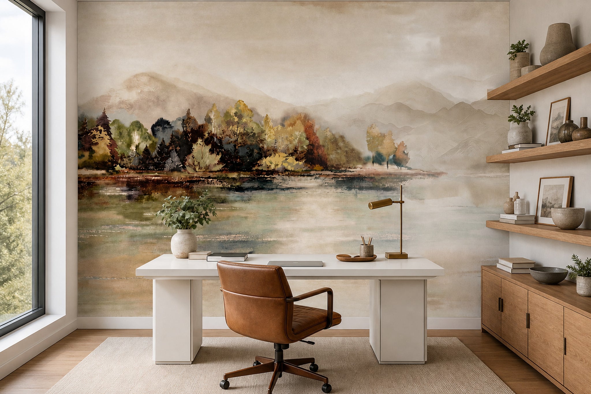 Watercolor Landscape Wallpaper Misty Mountains Removable Lake Reflection Wall Decor