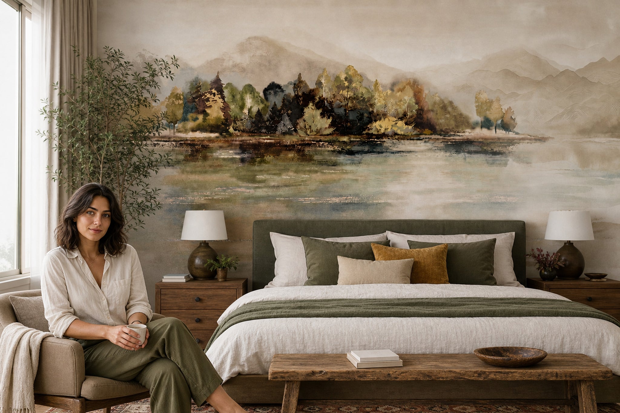Watercolor Landscape Wallpaper Misty Mountains Removable Lake Reflection Wall Decor