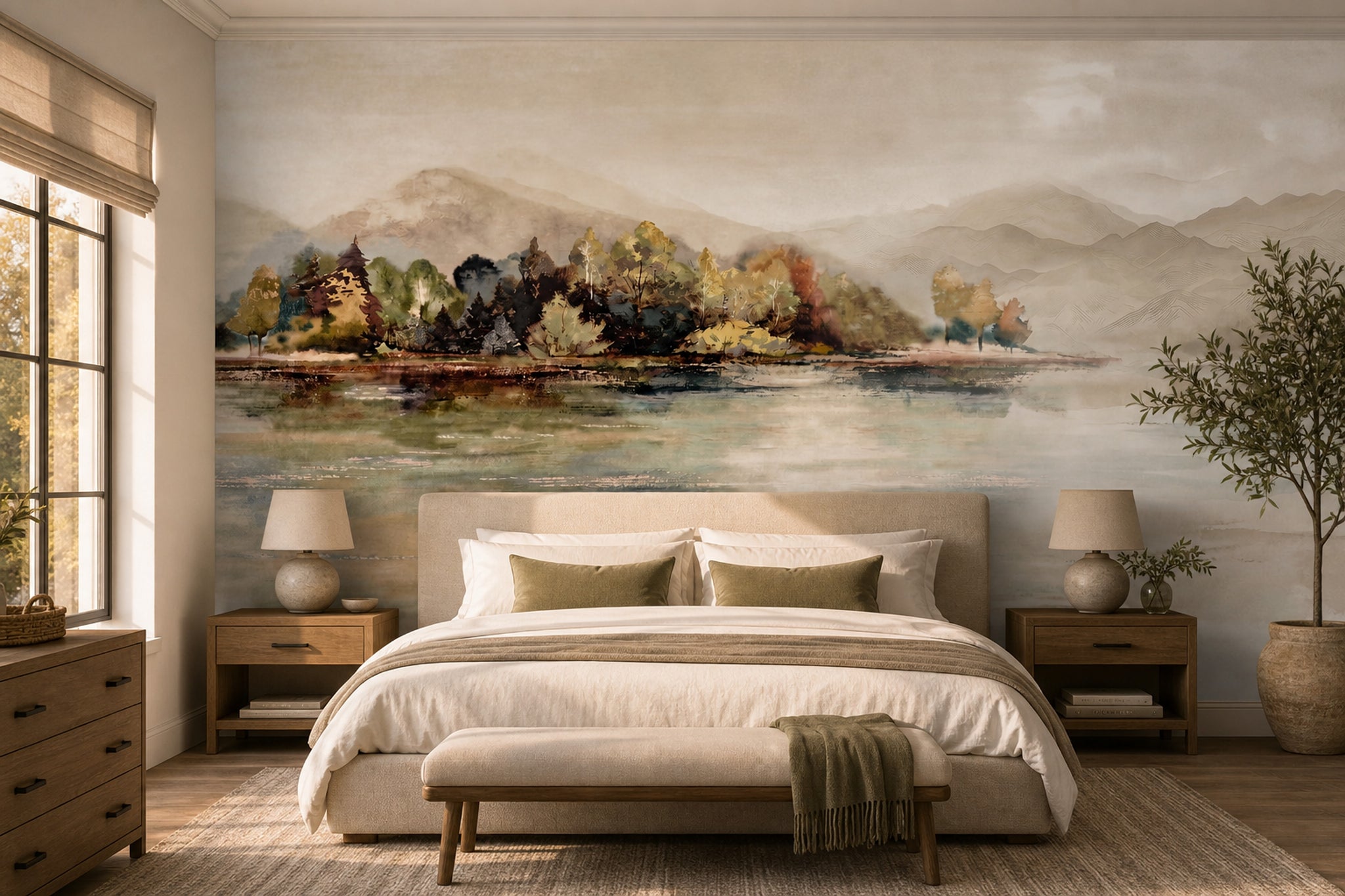 Watercolor Landscape Wallpaper Misty Mountains Removable Lake Reflection Wall Decor