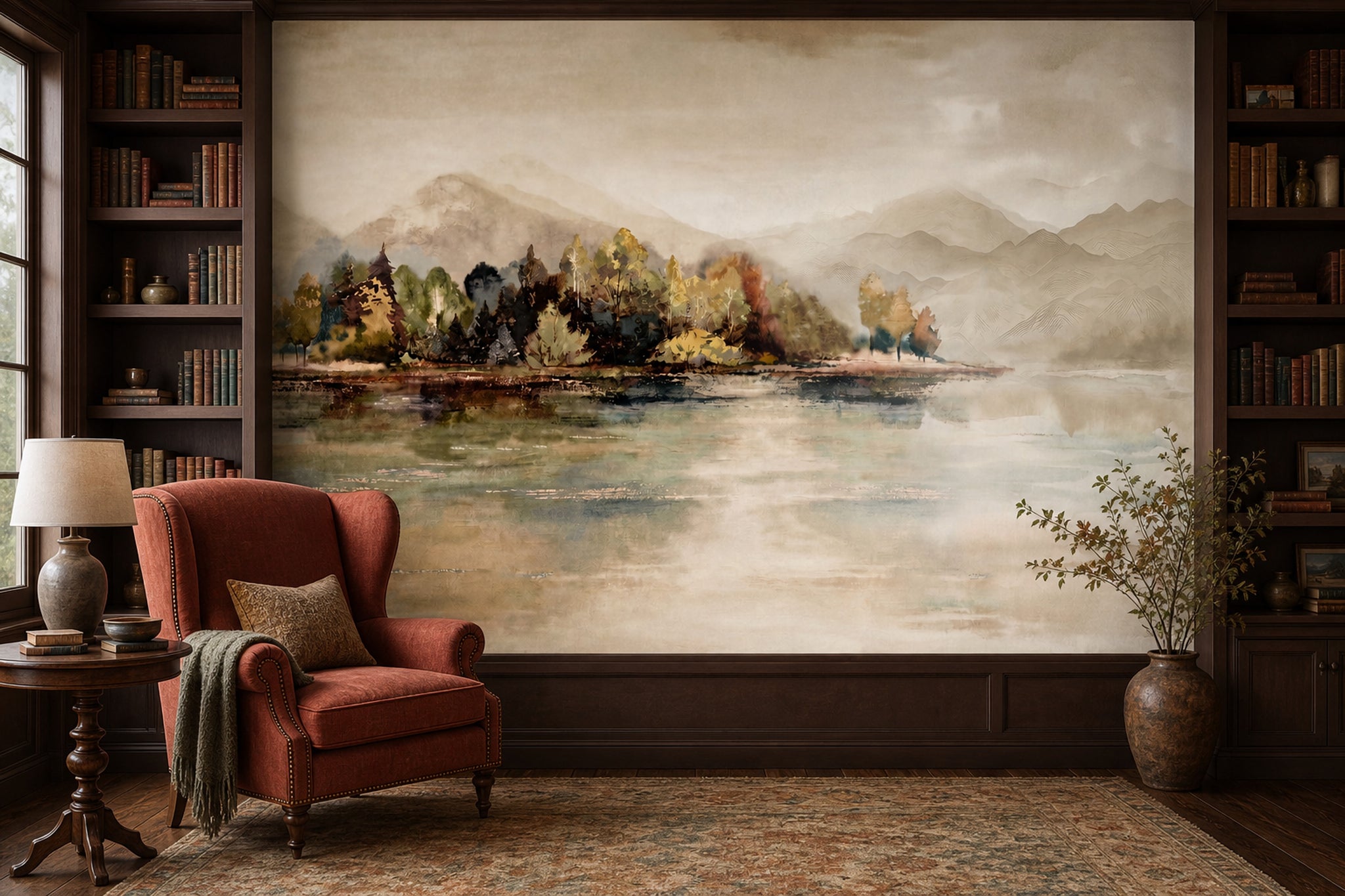 Watercolor Landscape Wallpaper Misty Mountains Removable Lake Reflection Wall Decor