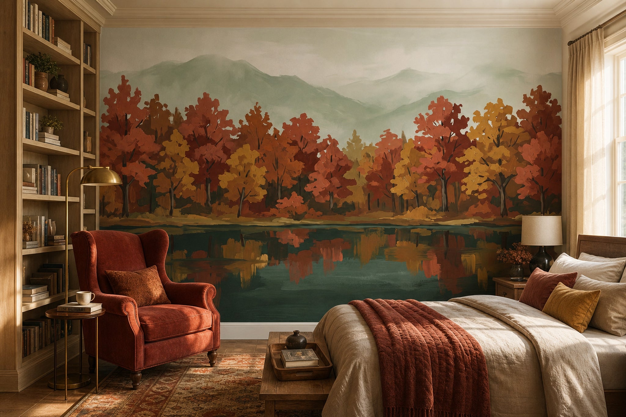 Autumn Landscape Wallpaper Fall Trees Lake Reflection Removable Wall Decor