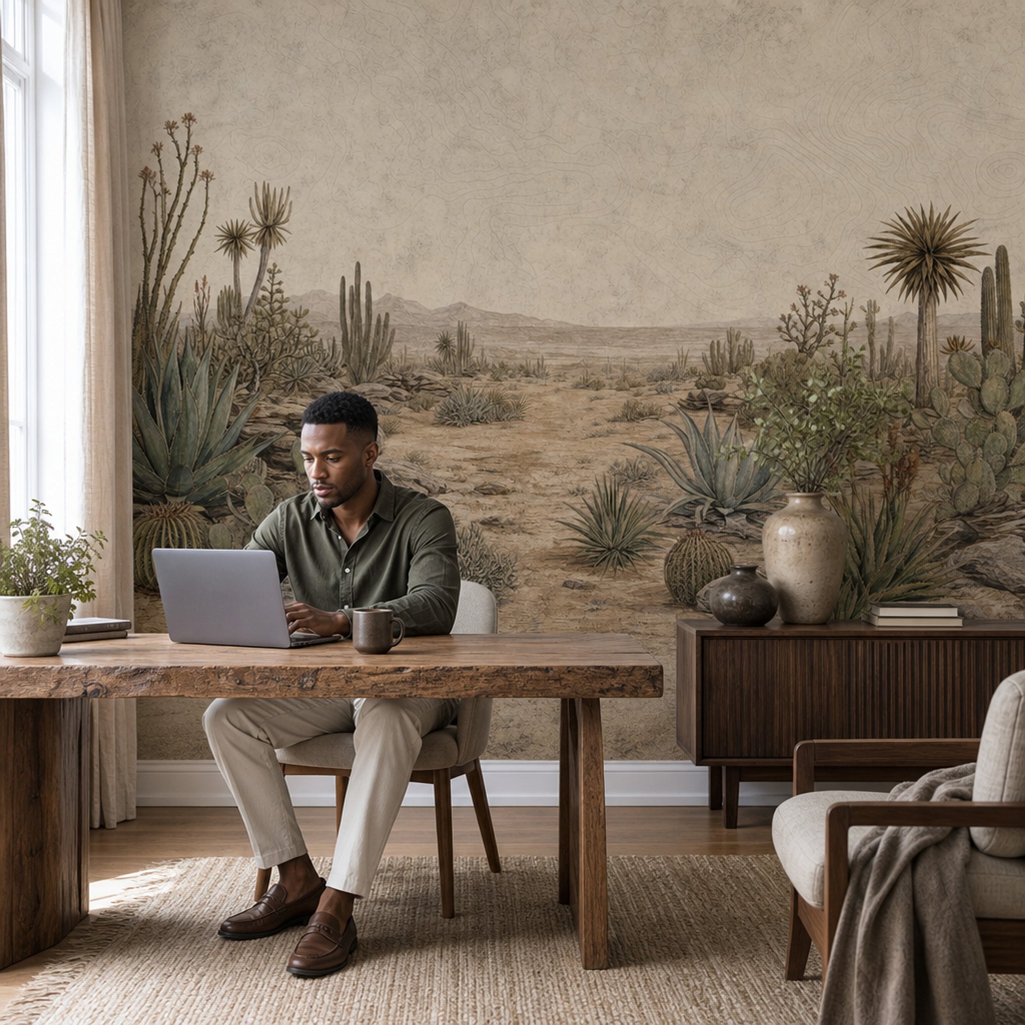 Paper Texture Wallpaper Desert Landscape Removable Cactus Wall Decor