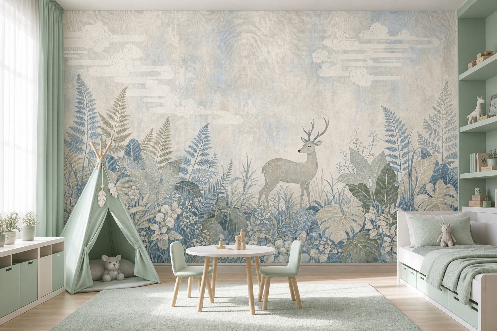 Woodland Landscape Wallpaper Deer Botanical Foliage Removable Wall Decor