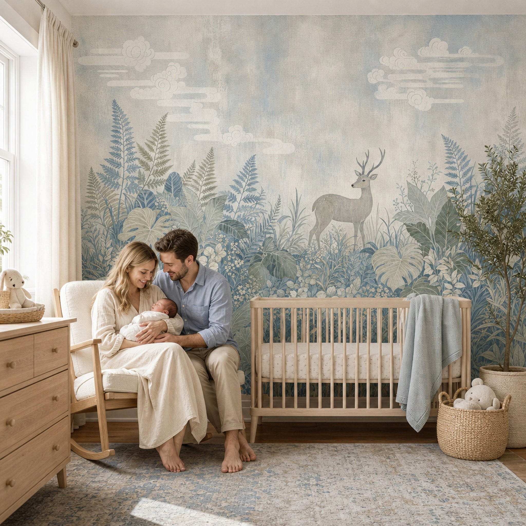 Woodland Landscape Wallpaper Deer Botanical Foliage Removable Wall Decor