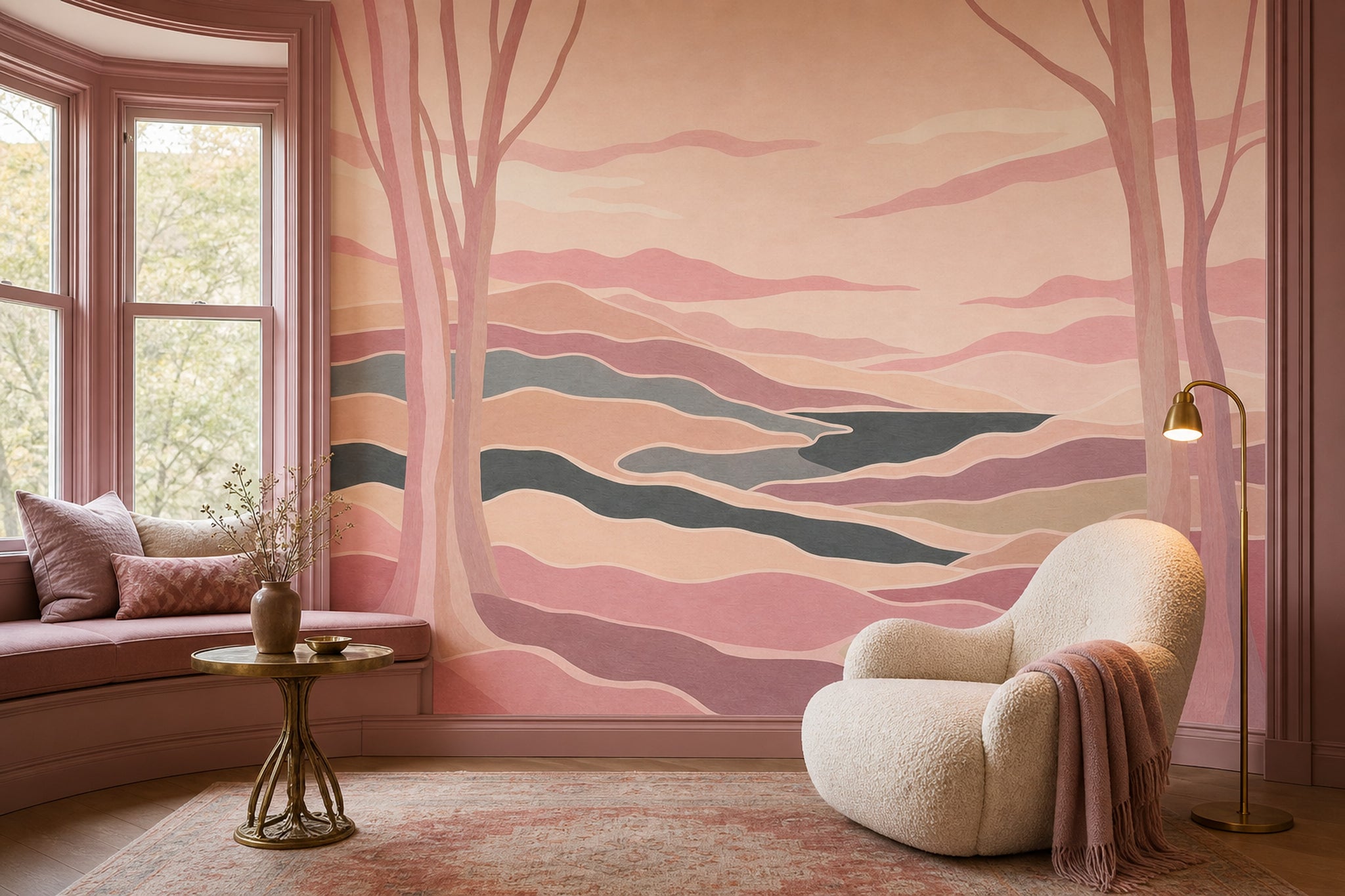Pastel Landscape Wallpaper Abstract Hills Winding River Wall Mural
