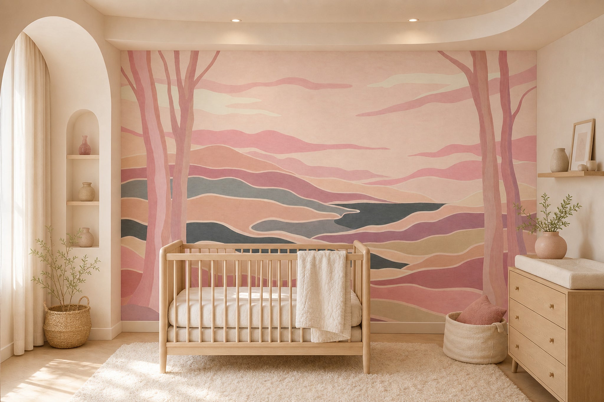 Pastel Landscape Wallpaper Abstract Hills Winding River Wall Mural