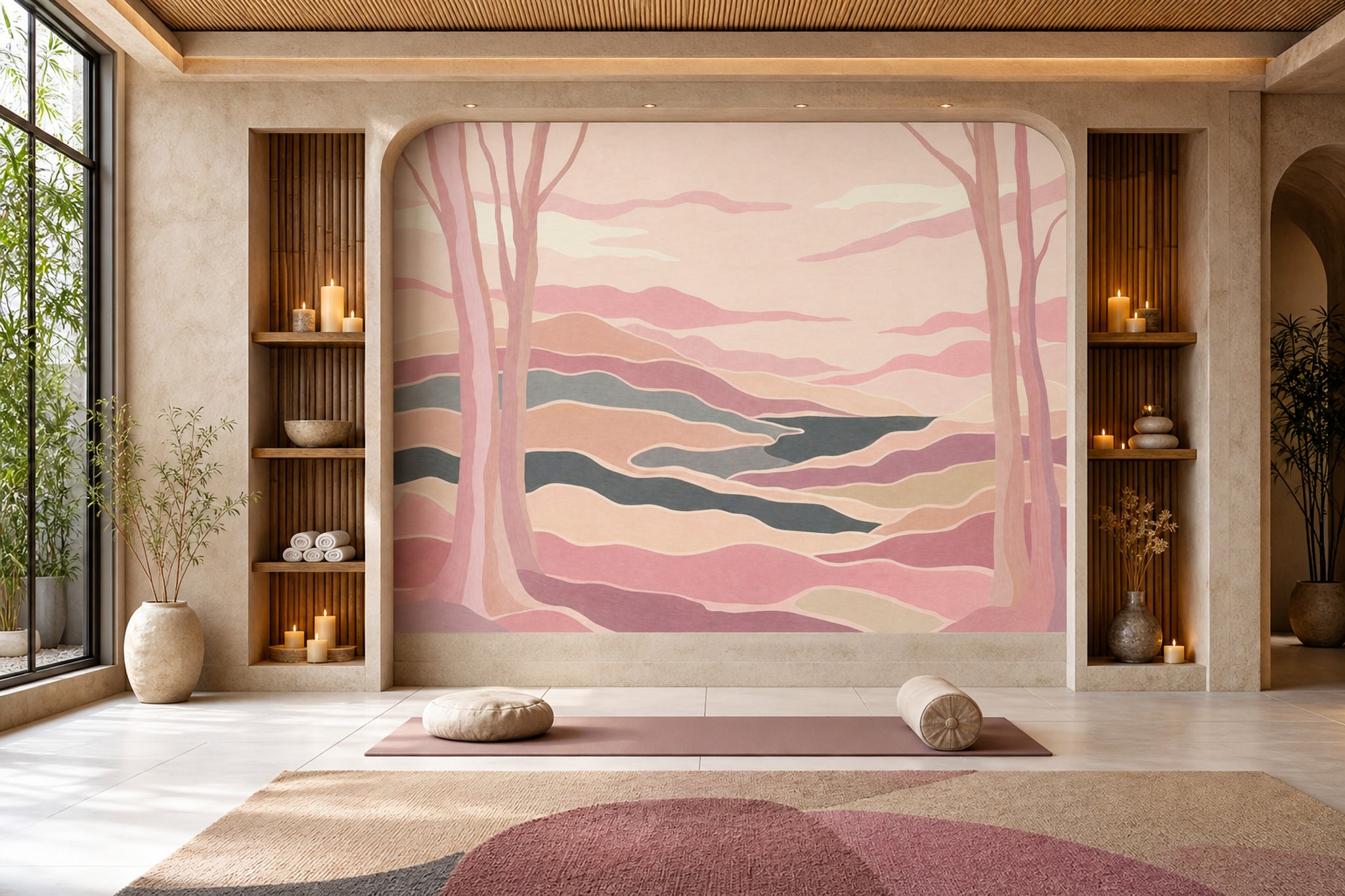 Pastel Landscape Wallpaper Abstract Hills Winding River Wall Mural