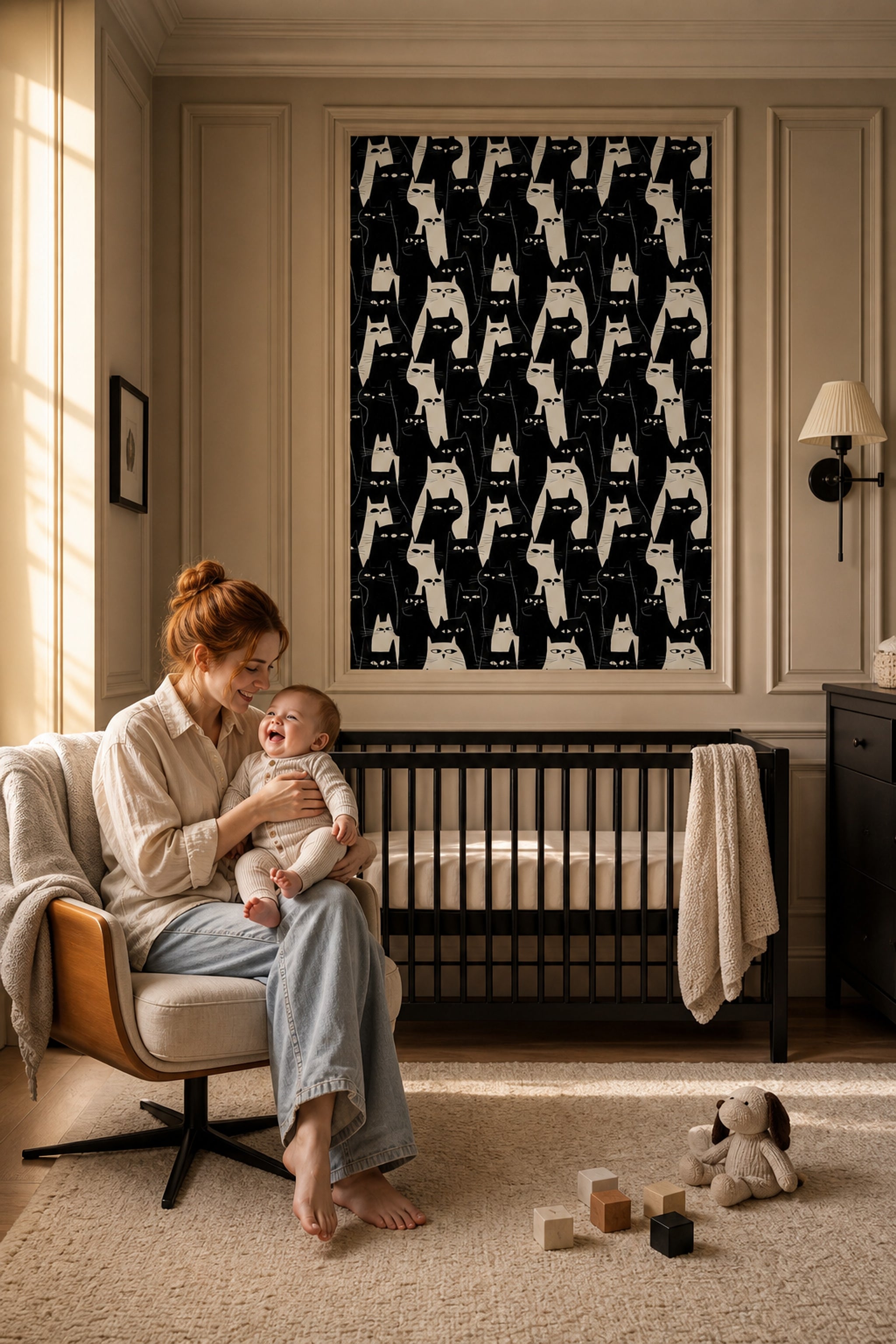 Cat Pattern Wallpaper Whimsical Graphic Illustration Removable Wall Decor
