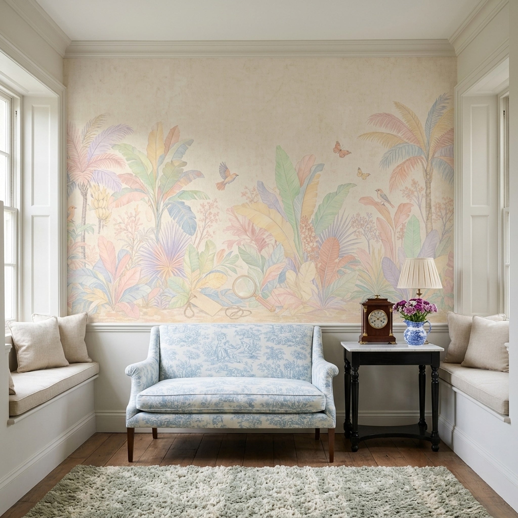 Tropical Botanical Wallpaper Pastel Palm Trees Removable Birds And Butterflies Wall Decor