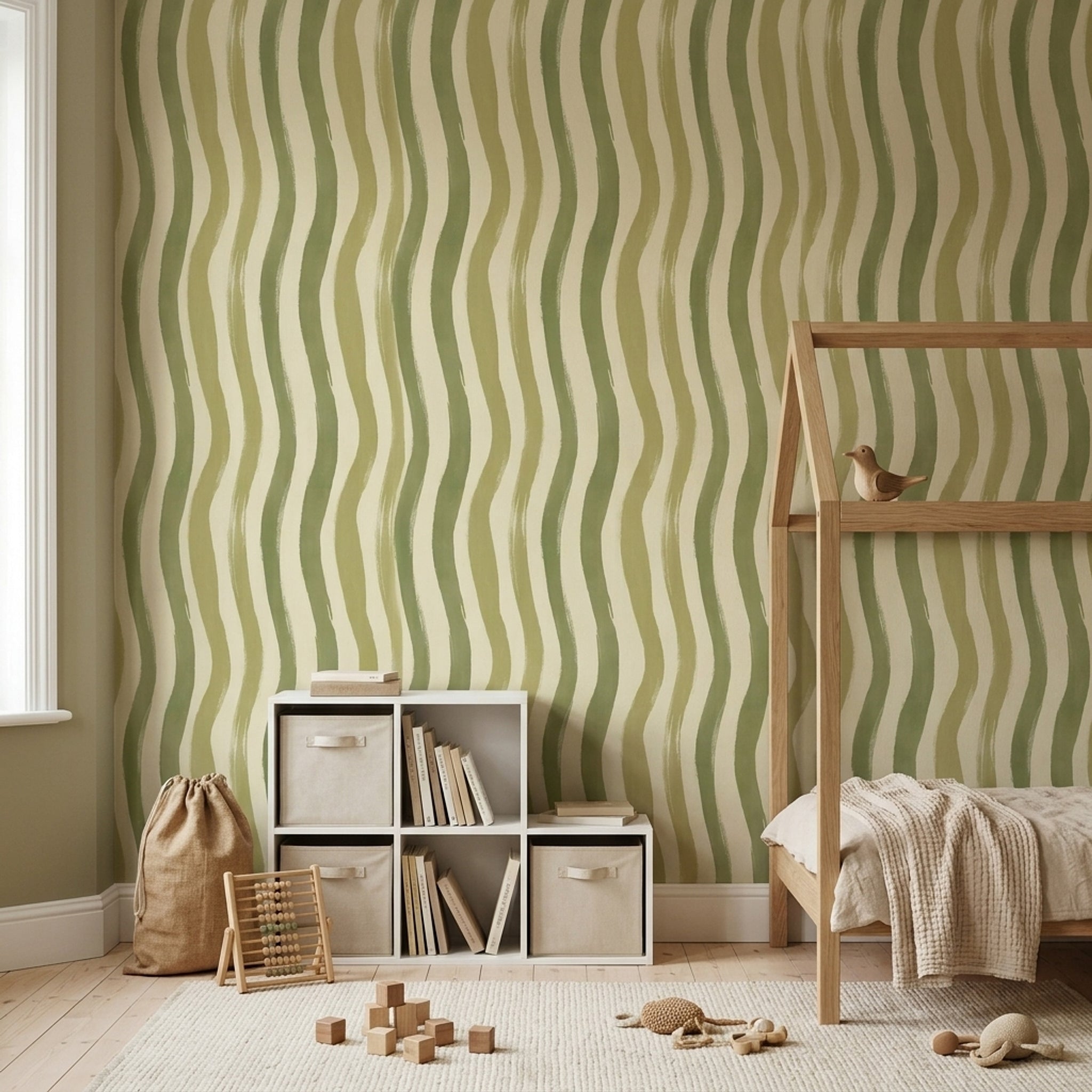 Abstract Stripes Wallpaper Wavy Vertical Bands Sage Green Decorative Mural