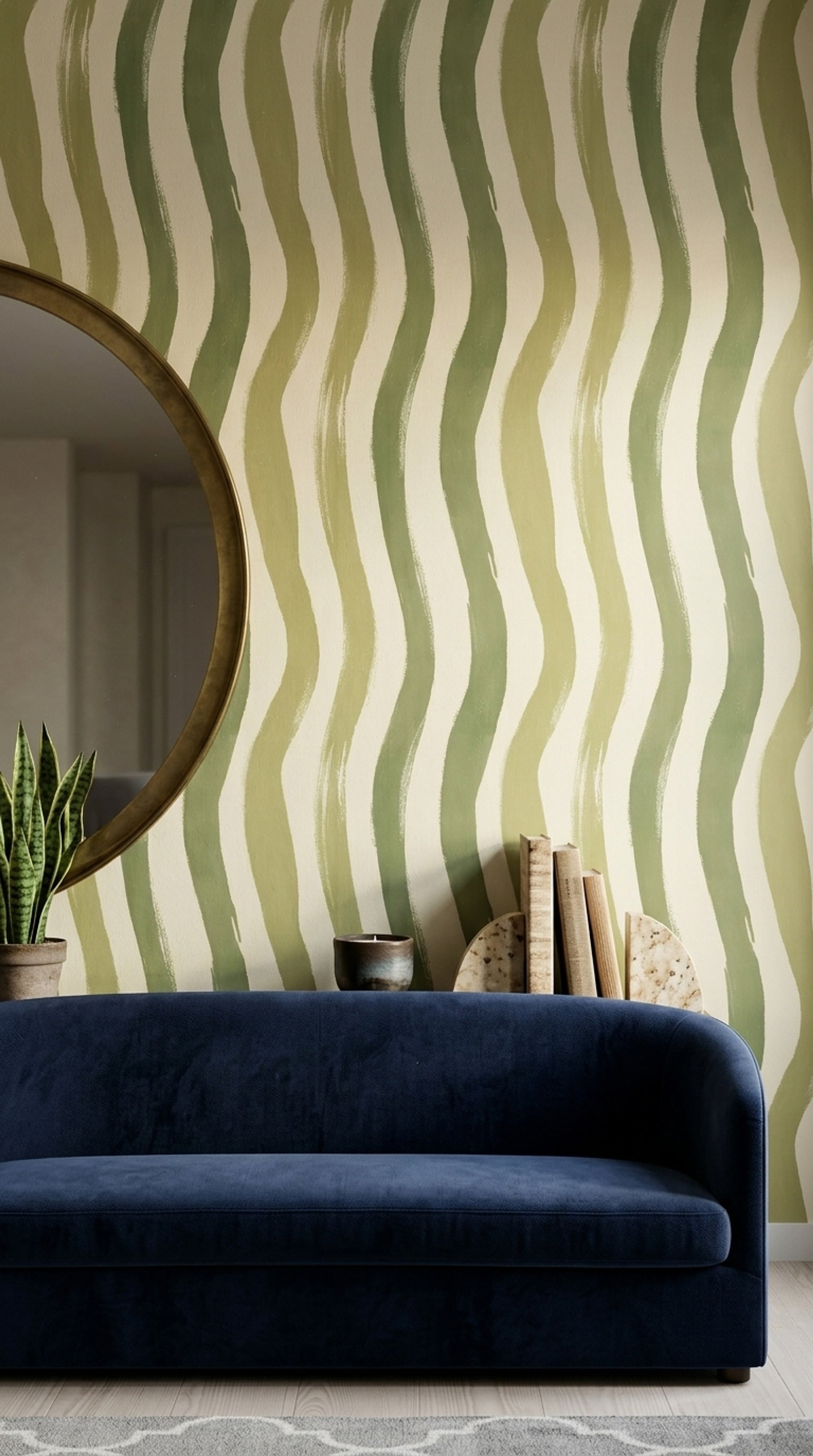 Abstract Stripes Wallpaper Wavy Vertical Bands Sage Green Decorative Mural
