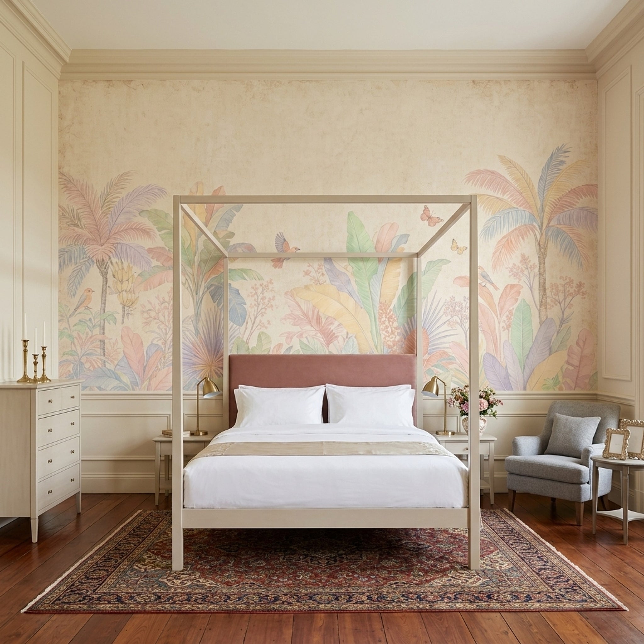 Tropical Botanical Wallpaper Pastel Palm Trees Removable Birds And Butterflies Wall Decor