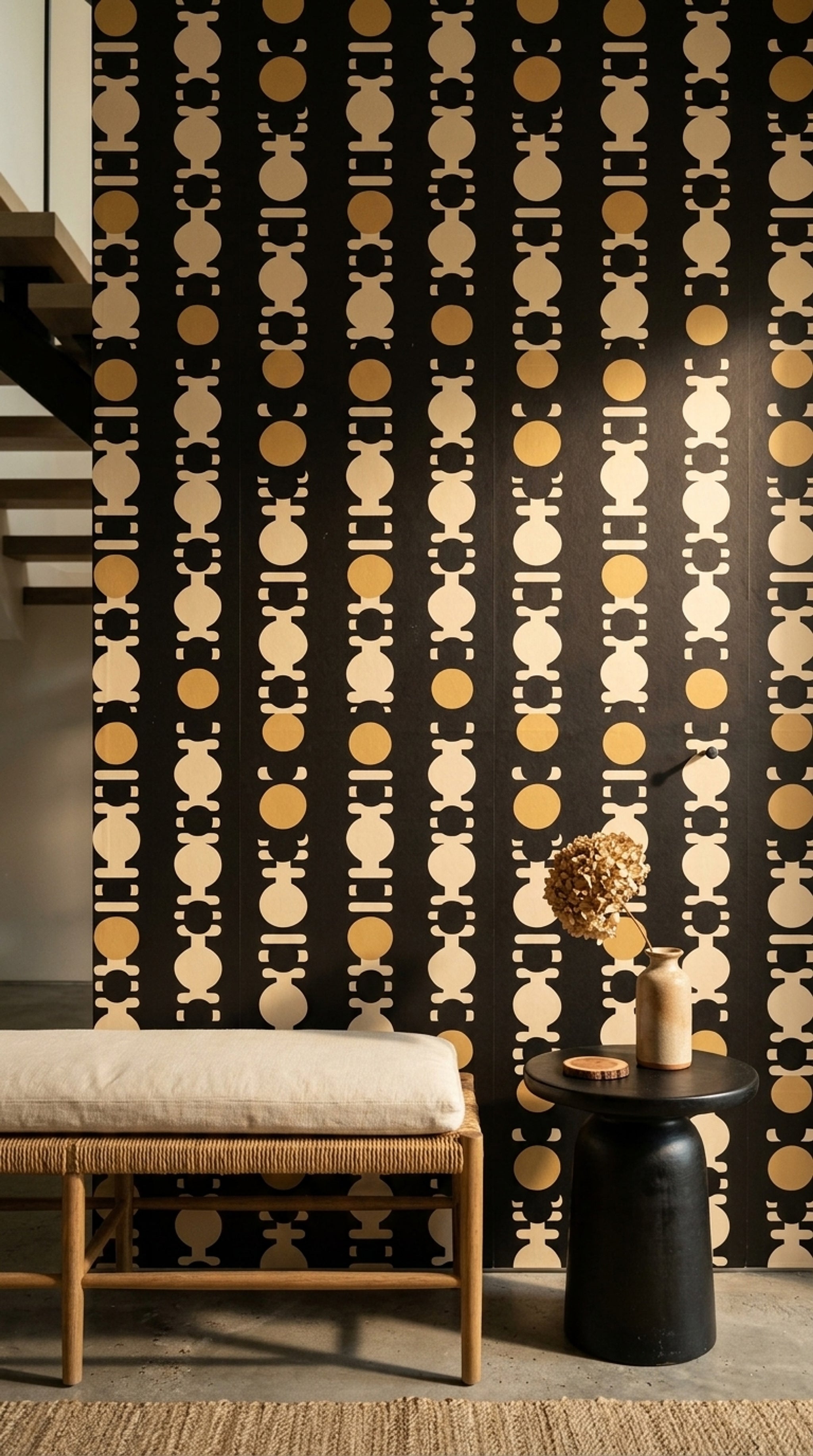 Mid Century Modern Wallpaper Solid Black Removable Totem Wall Double Roll
