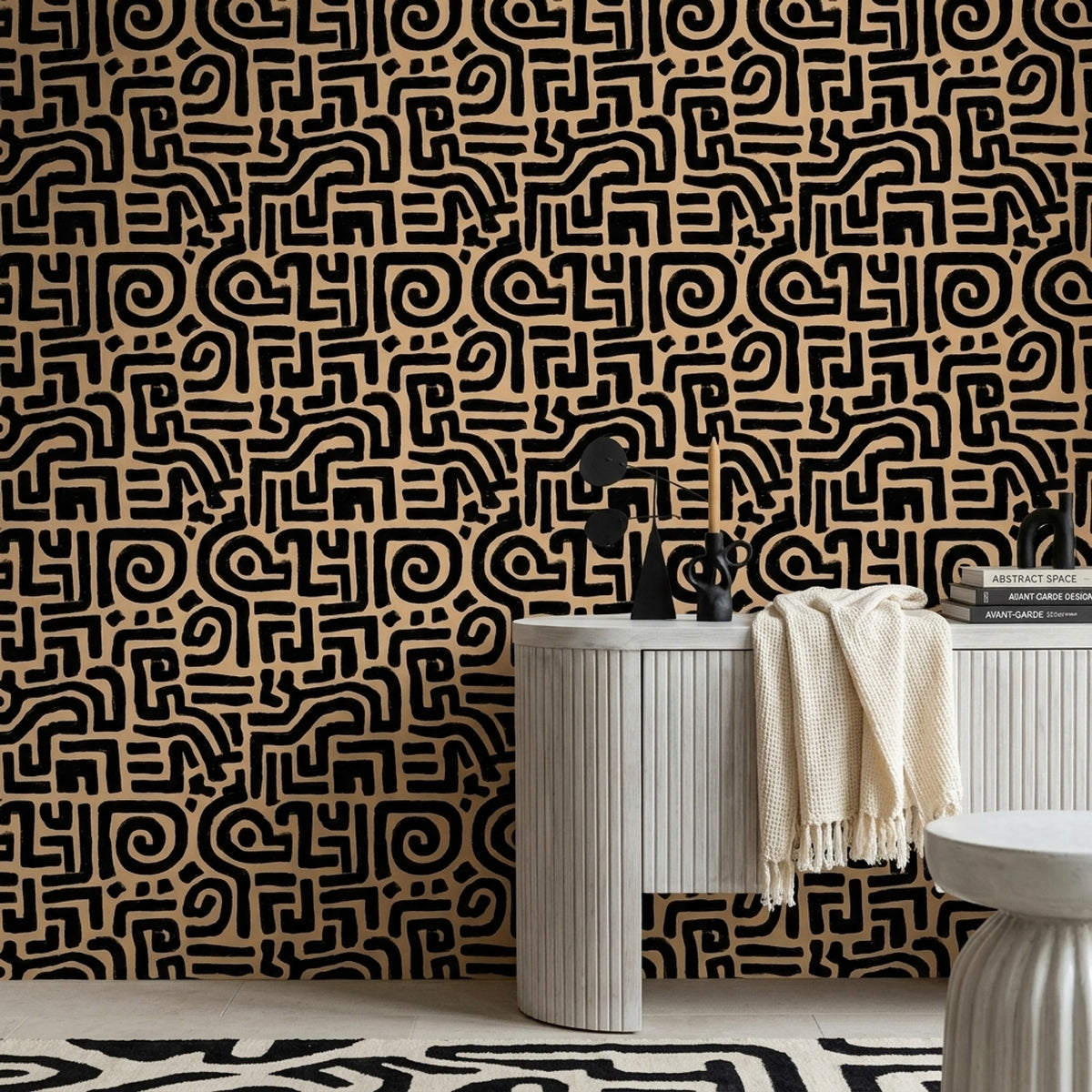 Maze Labyrinth Wallpaper Dark Abstract Removable Black And Tan Wall Double Roll