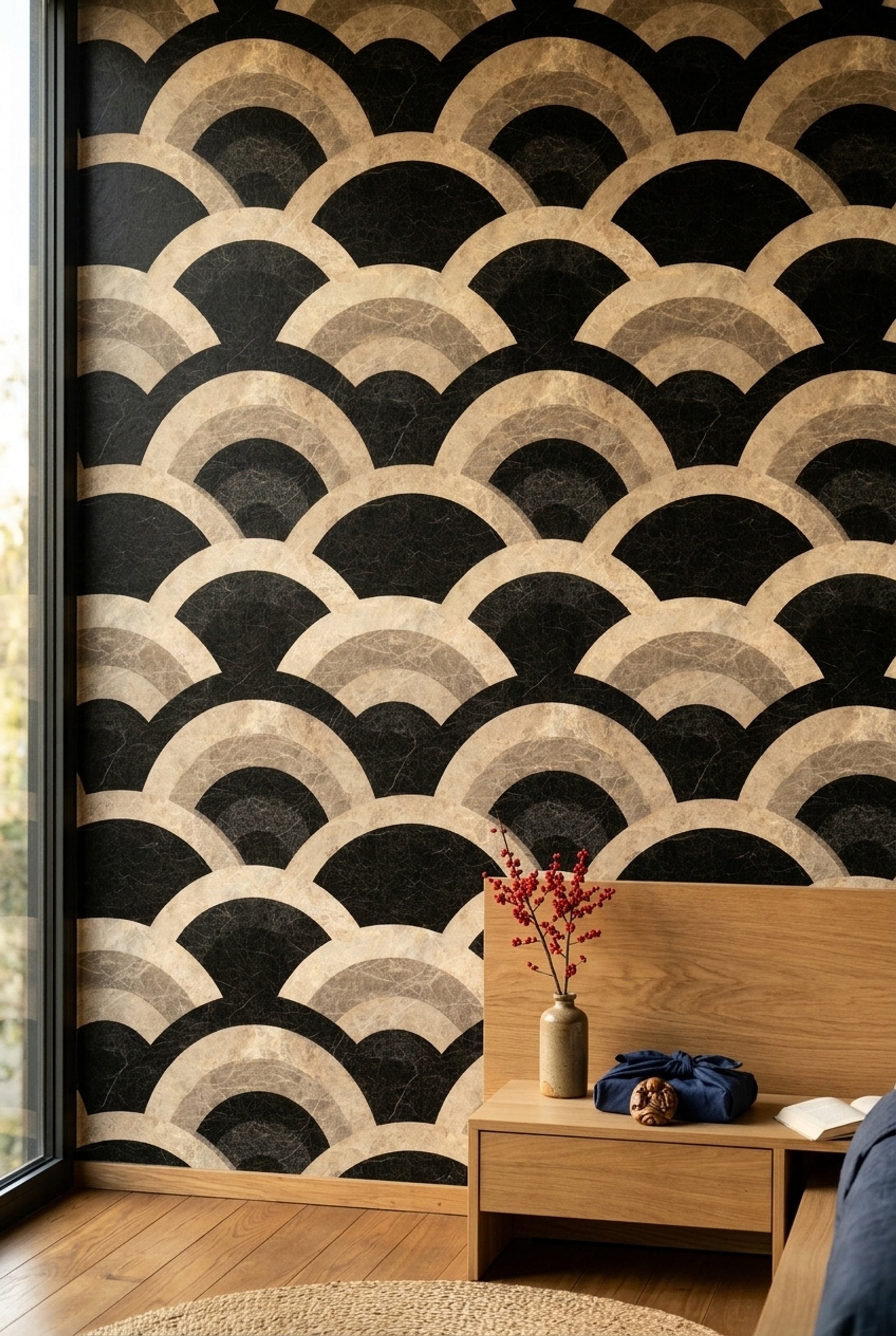 Black Marble Wallpaper Geometric Arcs Art Deco Removable Wall Decor