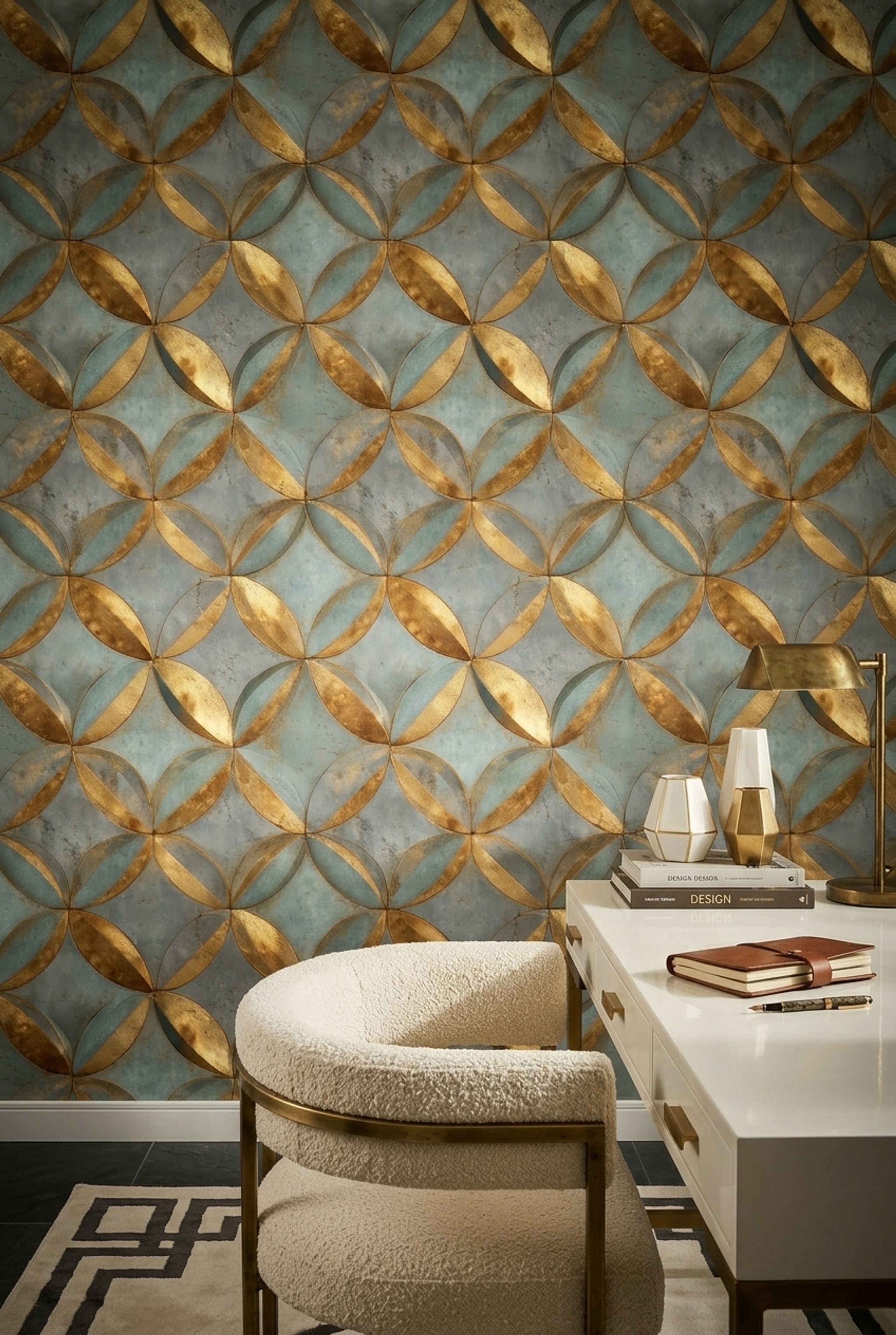 Metallic Gold Wallpaper Teal Blue Gray Removable Geometric Petals Wall Double Roll