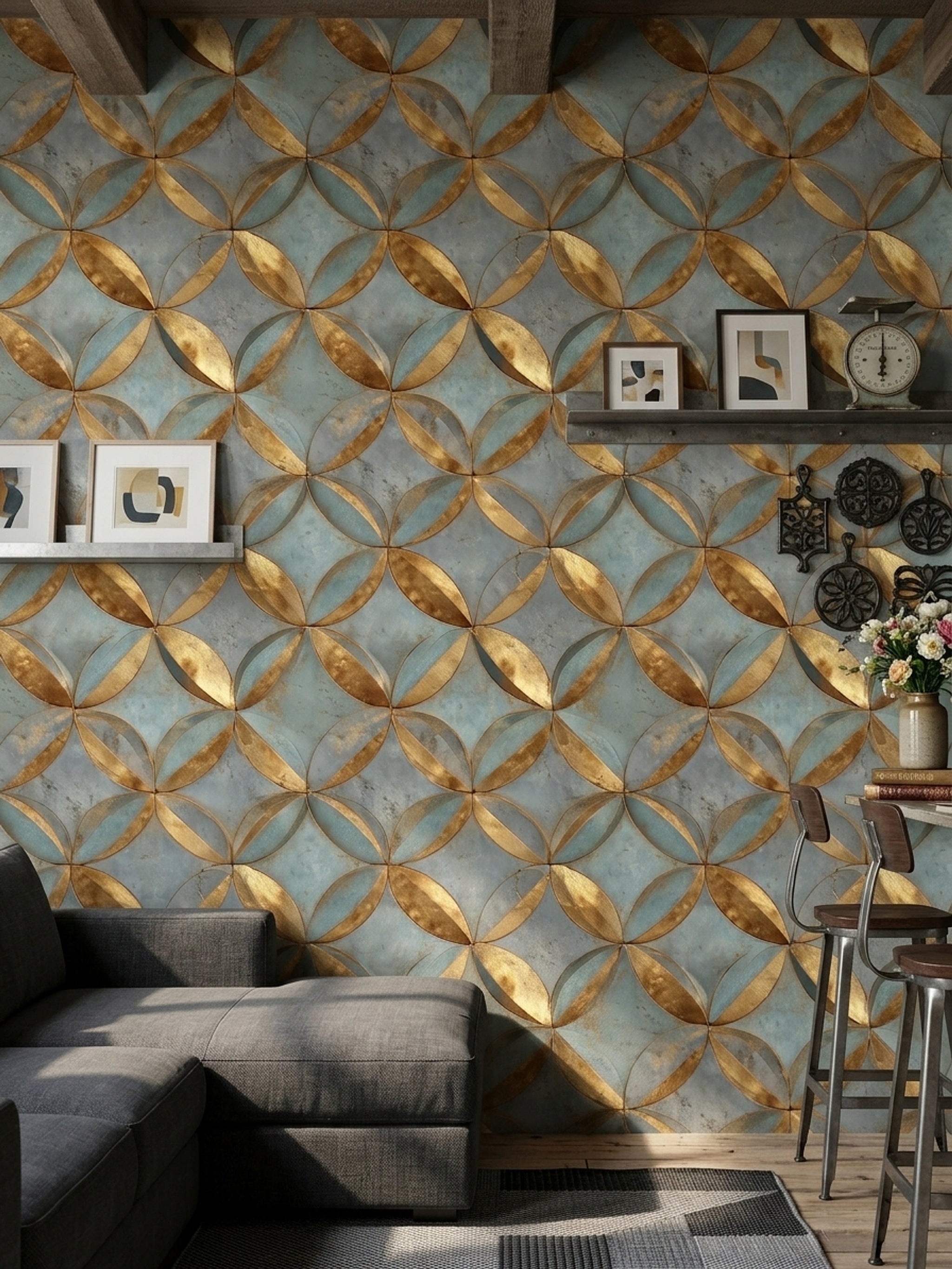 Metallic Gold Wallpaper Teal Blue Gray Removable Geometric Petals Wall Double Roll