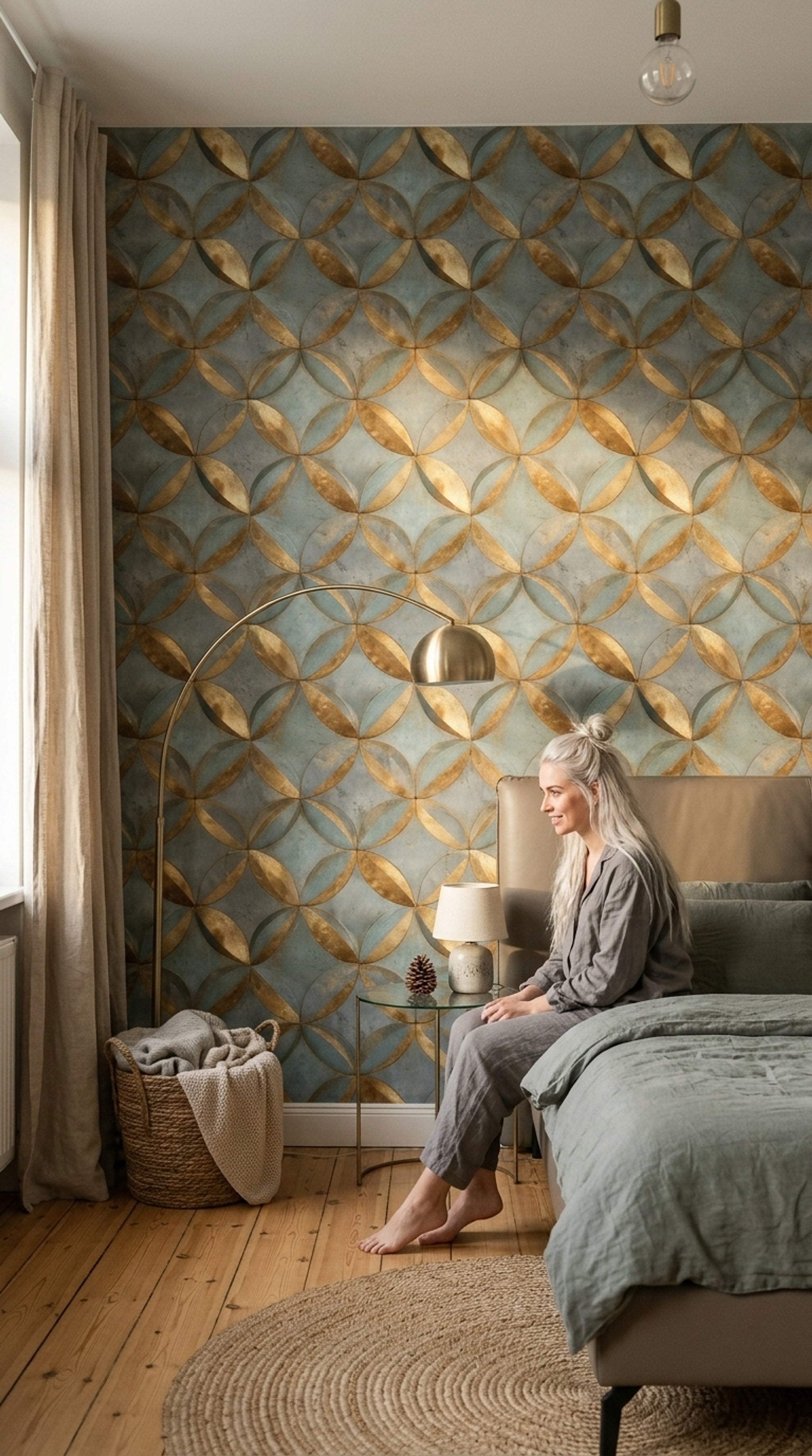 Metallic Gold Wallpaper Teal Blue Gray Removable Geometric Petals Wall Double Roll