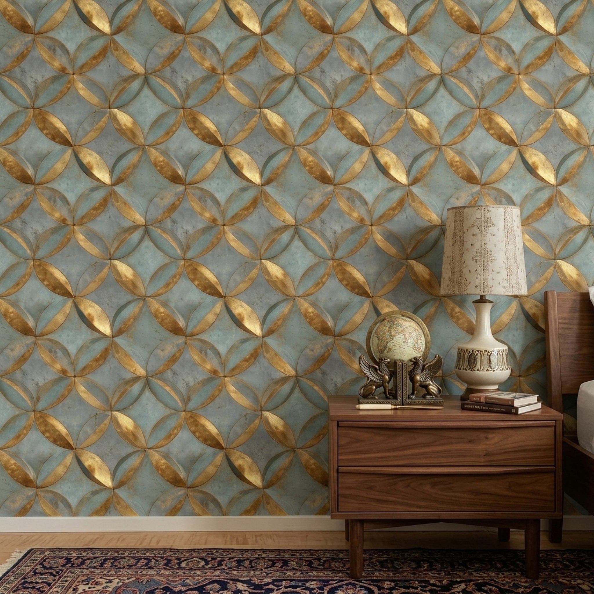 Metallic Gold Wallpaper Teal Blue Gray Removable Geometric Petals Wall Double Roll