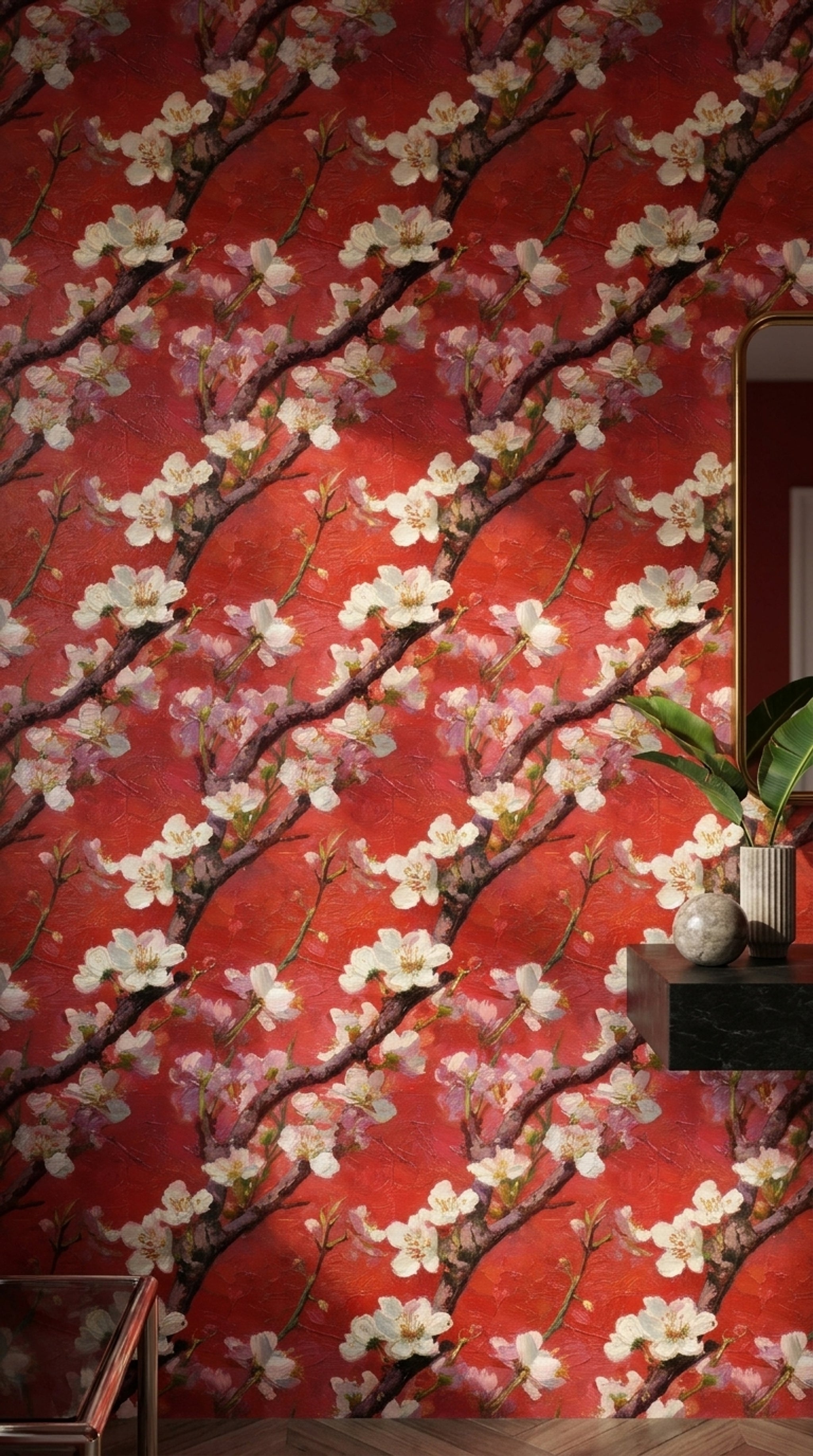 Floral Blossoms Wallpaper Cherry Blossom Branches Removable Red Background Wall Double Roll