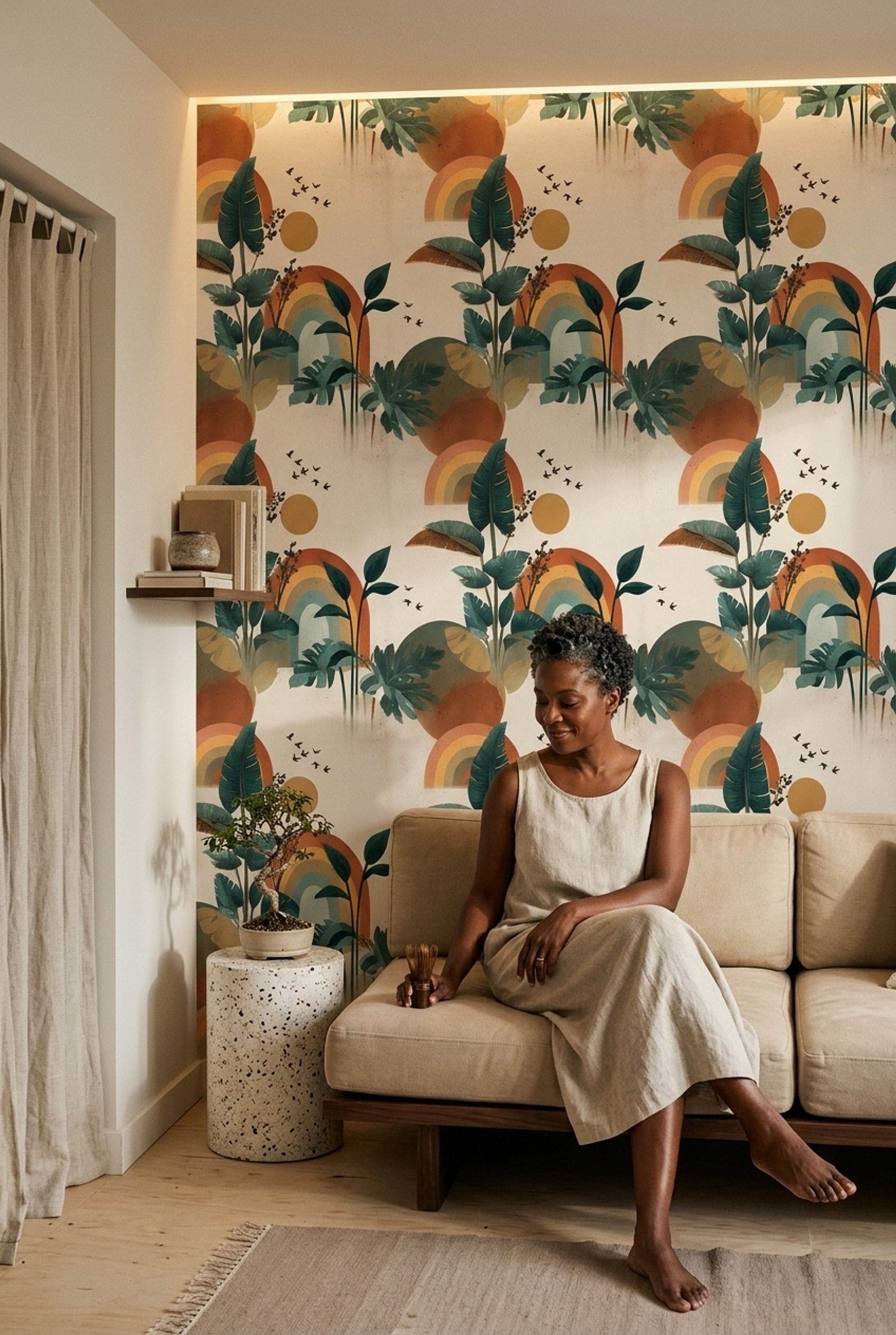 Muted Green Wallpaper Mid Century Modern Decorative Mural