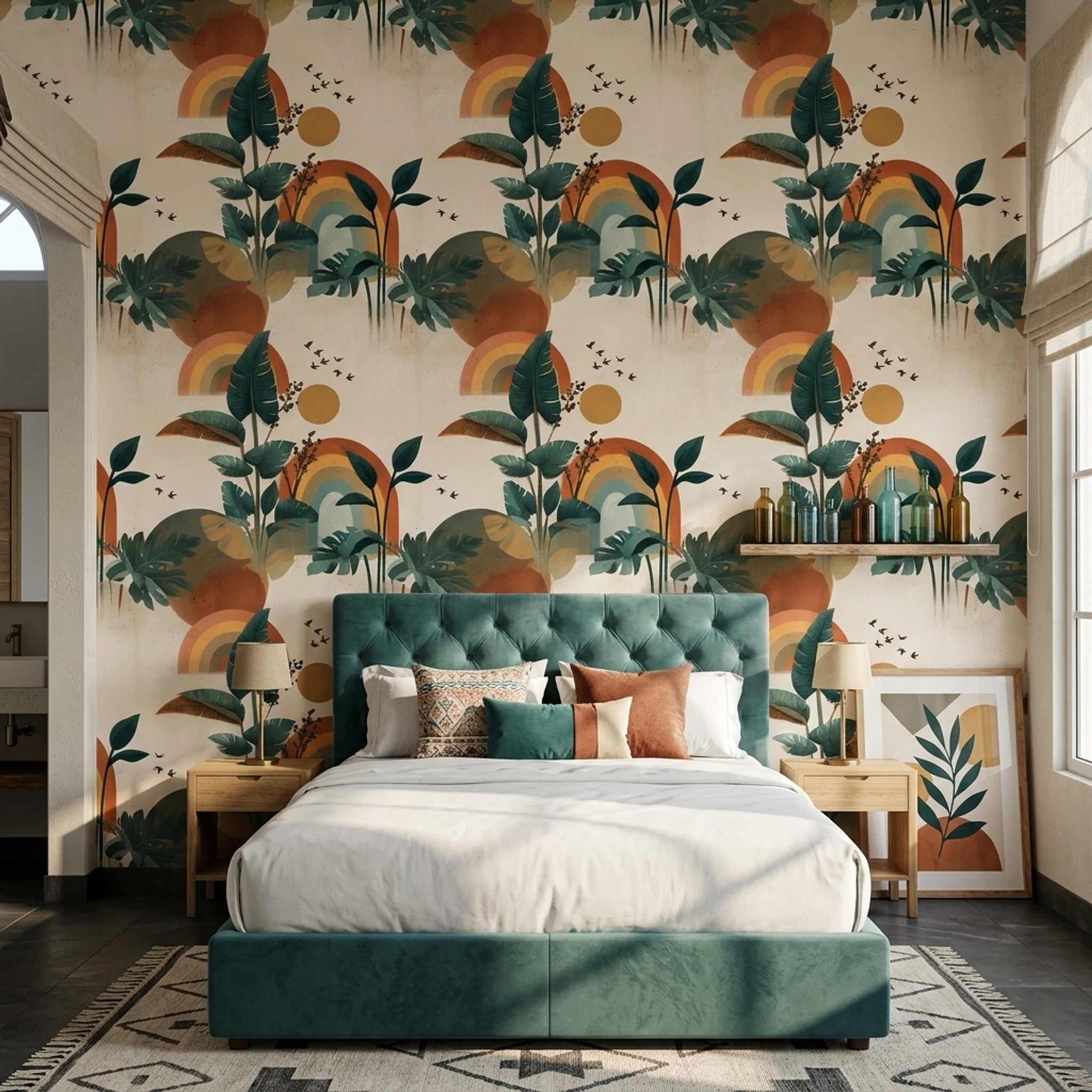 Muted Green Wallpaper Mid Century Modern Decorative Mural