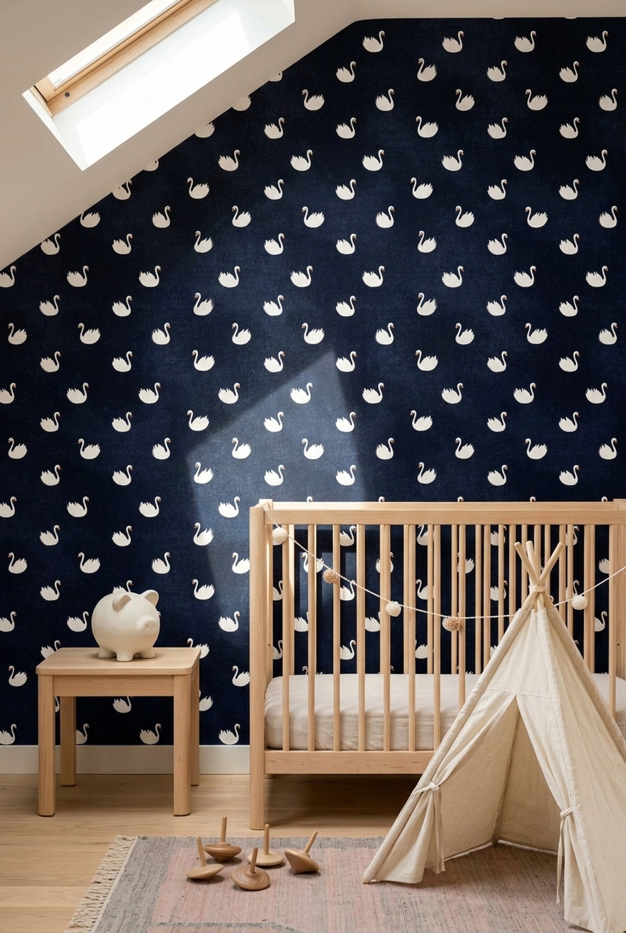 Swan Pattern Wallpaper Dark Navy Whimsical Decorative Mural