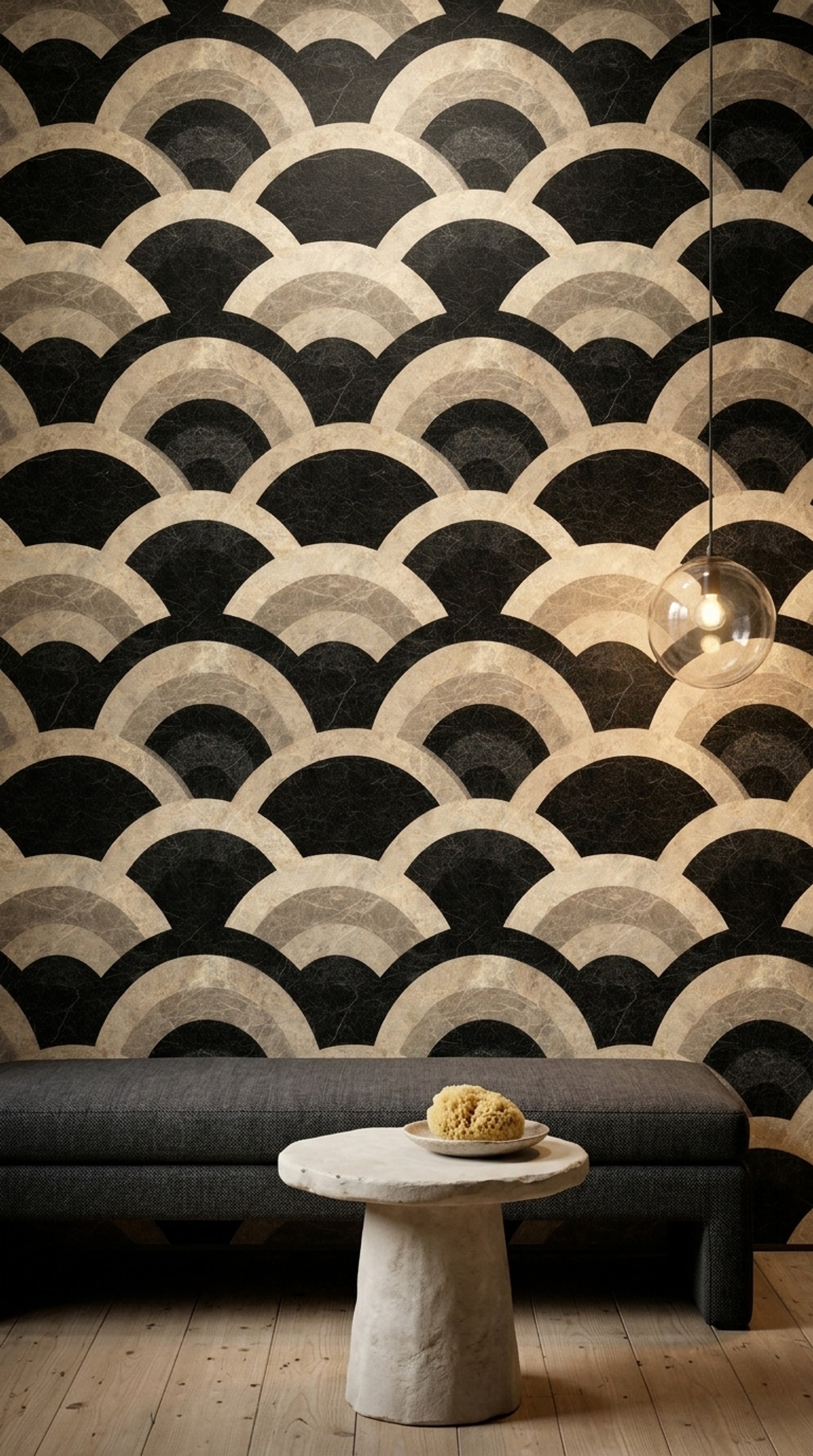 Black Marble Wallpaper Geometric Arcs Art Deco Removable Wall Decor