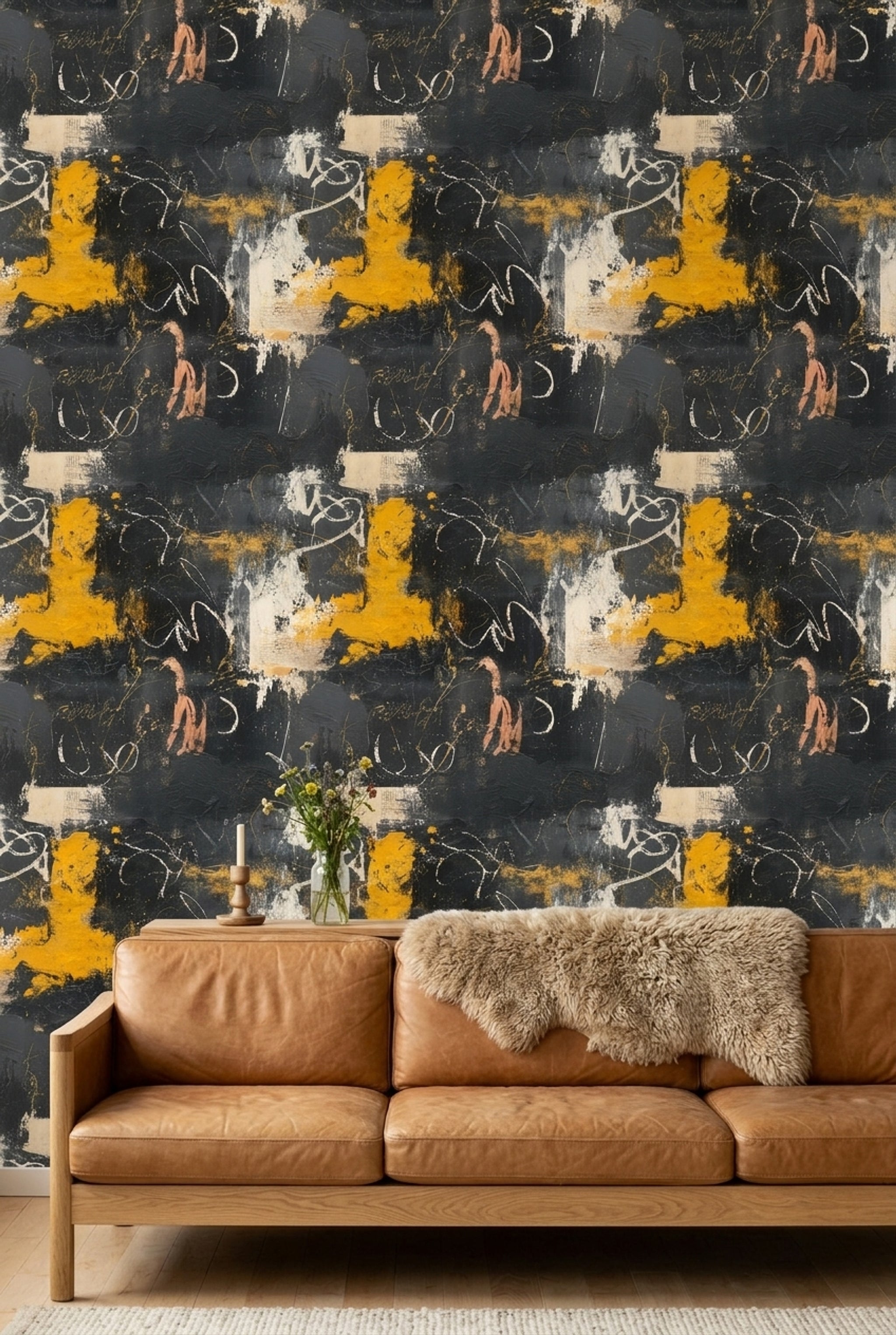Dark Abstract Wallpaper Black Charcoal Background Mustard Yellow Accents Removable Wall Decor