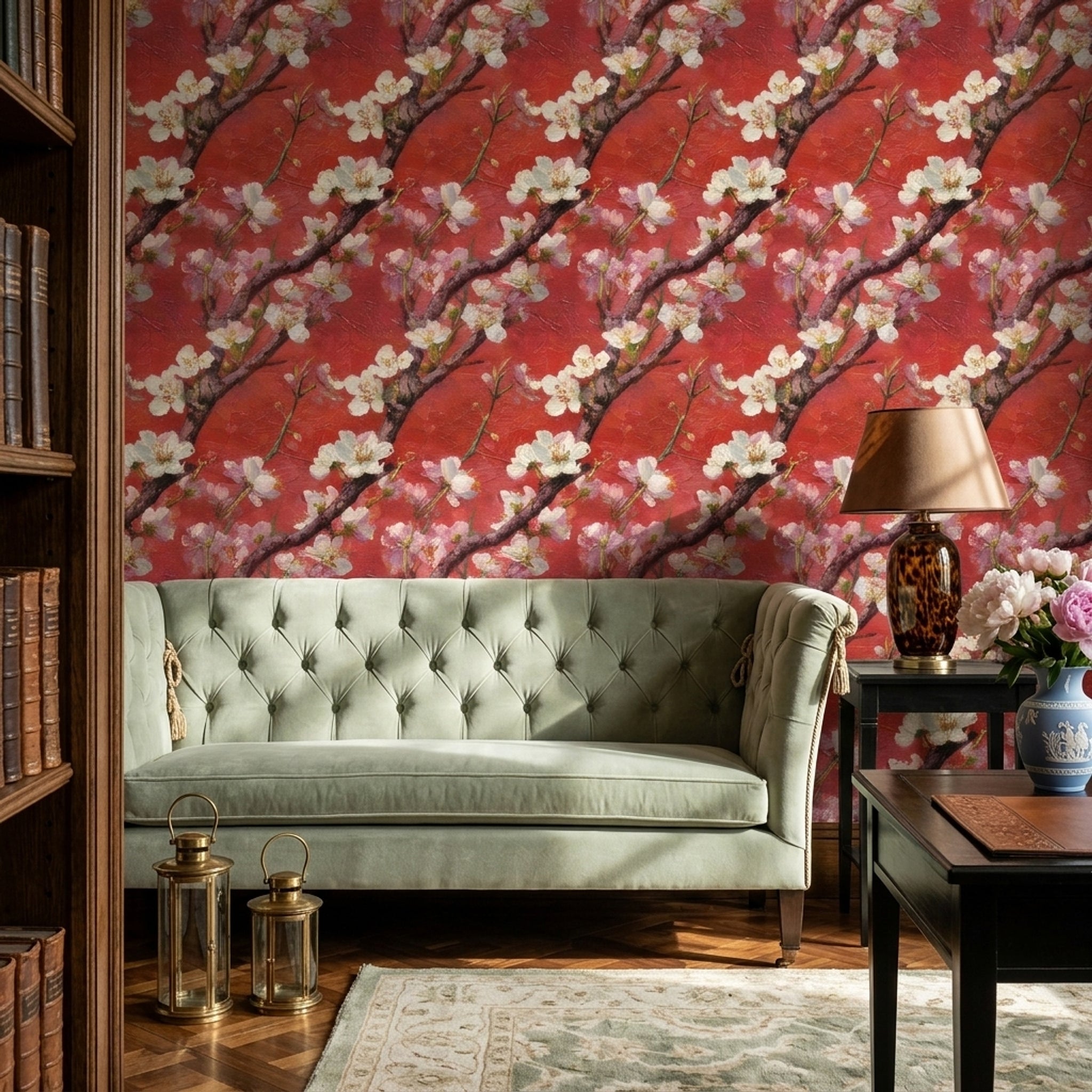 Floral Blossoms Wallpaper Cherry Blossom Branches Removable Red Background Wall Double Roll