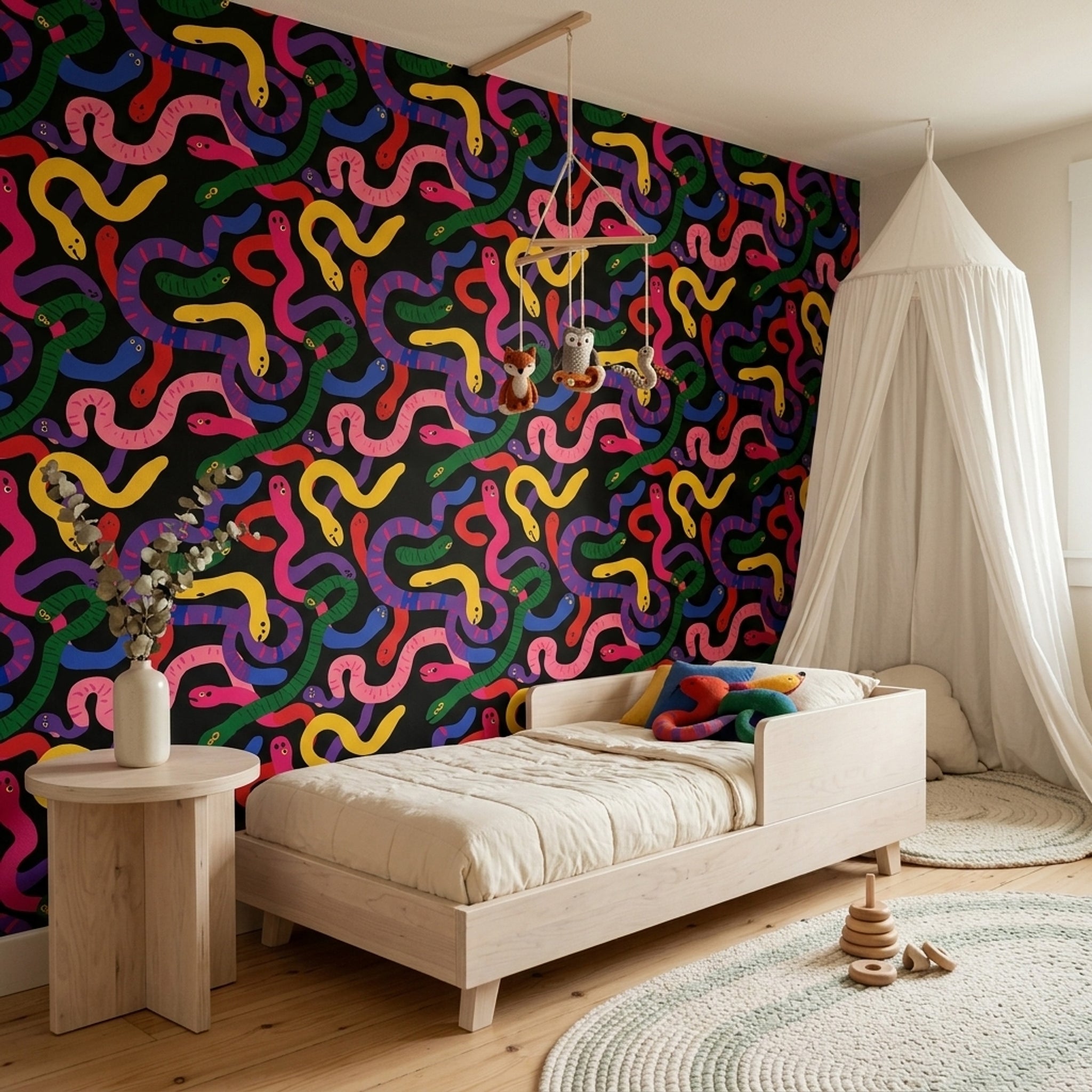 Colorful Snakes Wallpaper Black Background Whimsical Removable Wall Decor