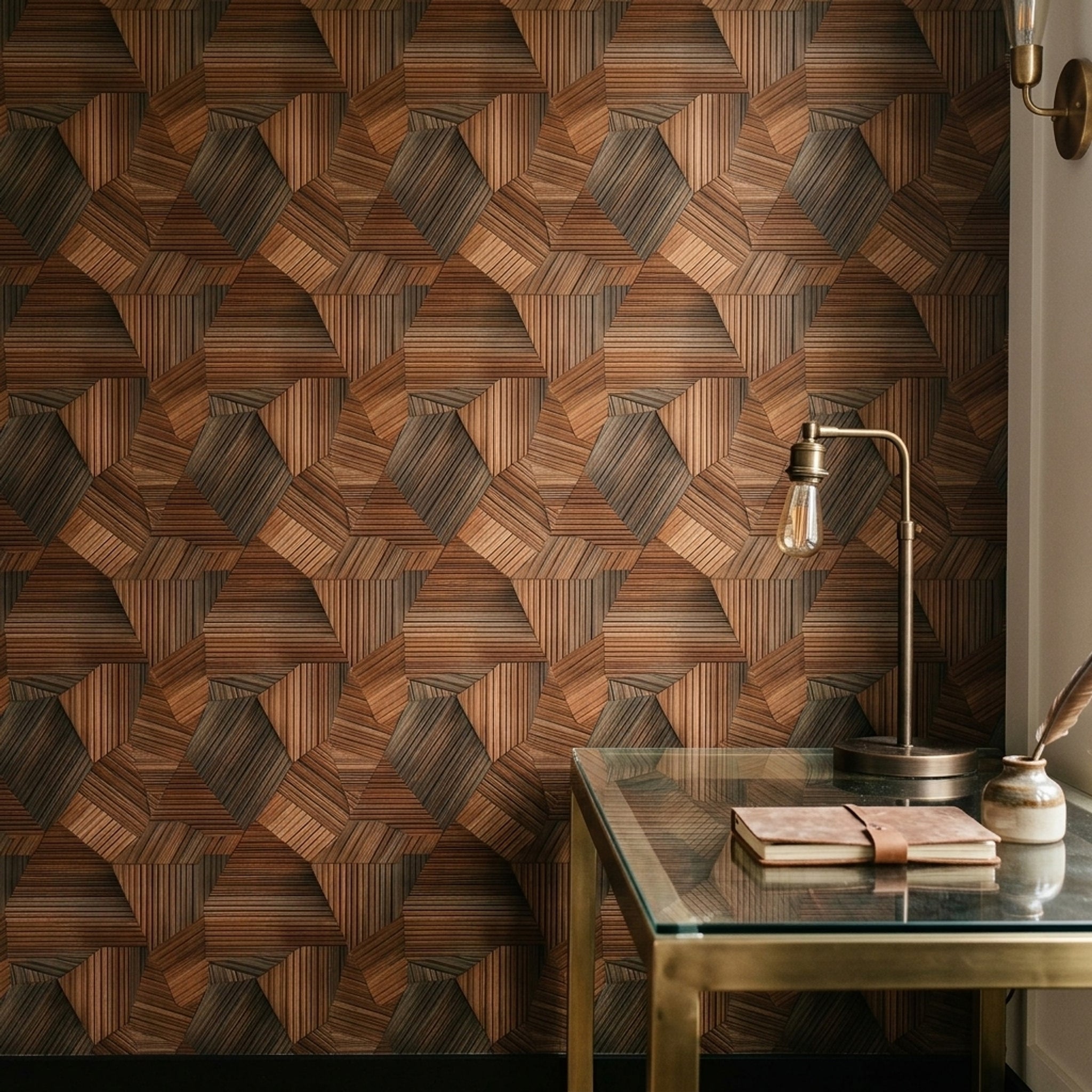 Dark Wood Wallpaper Geometric Mosaic Removable Abstract Panels Wall Double Roll