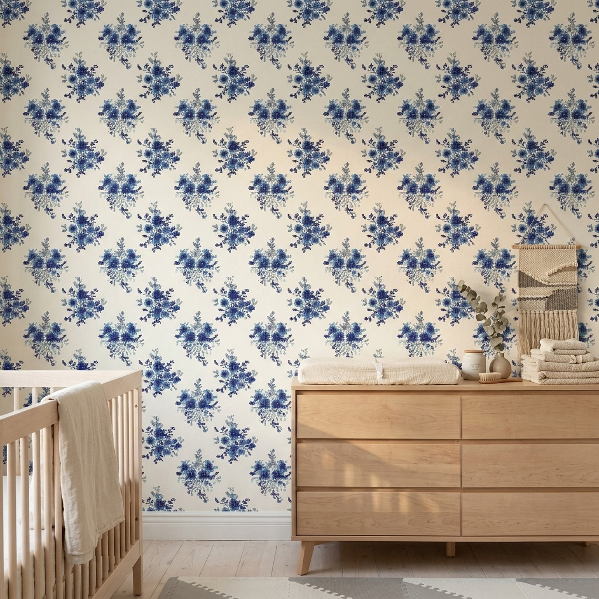 Blue Floral Wallpaper Indigo Removable Mosaic Dots Wall Double Roll