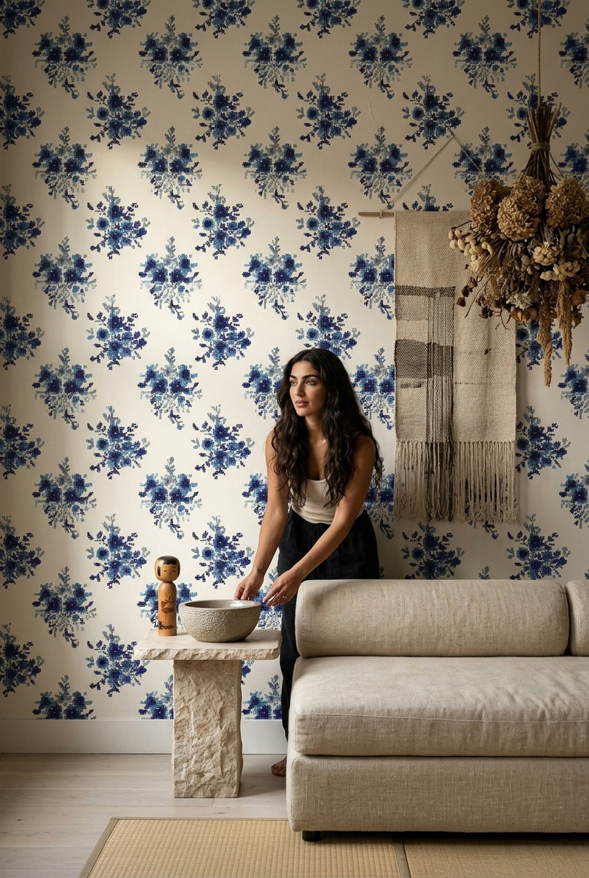 Blue Floral Wallpaper Indigo Removable Mosaic Dots Wall Double Roll