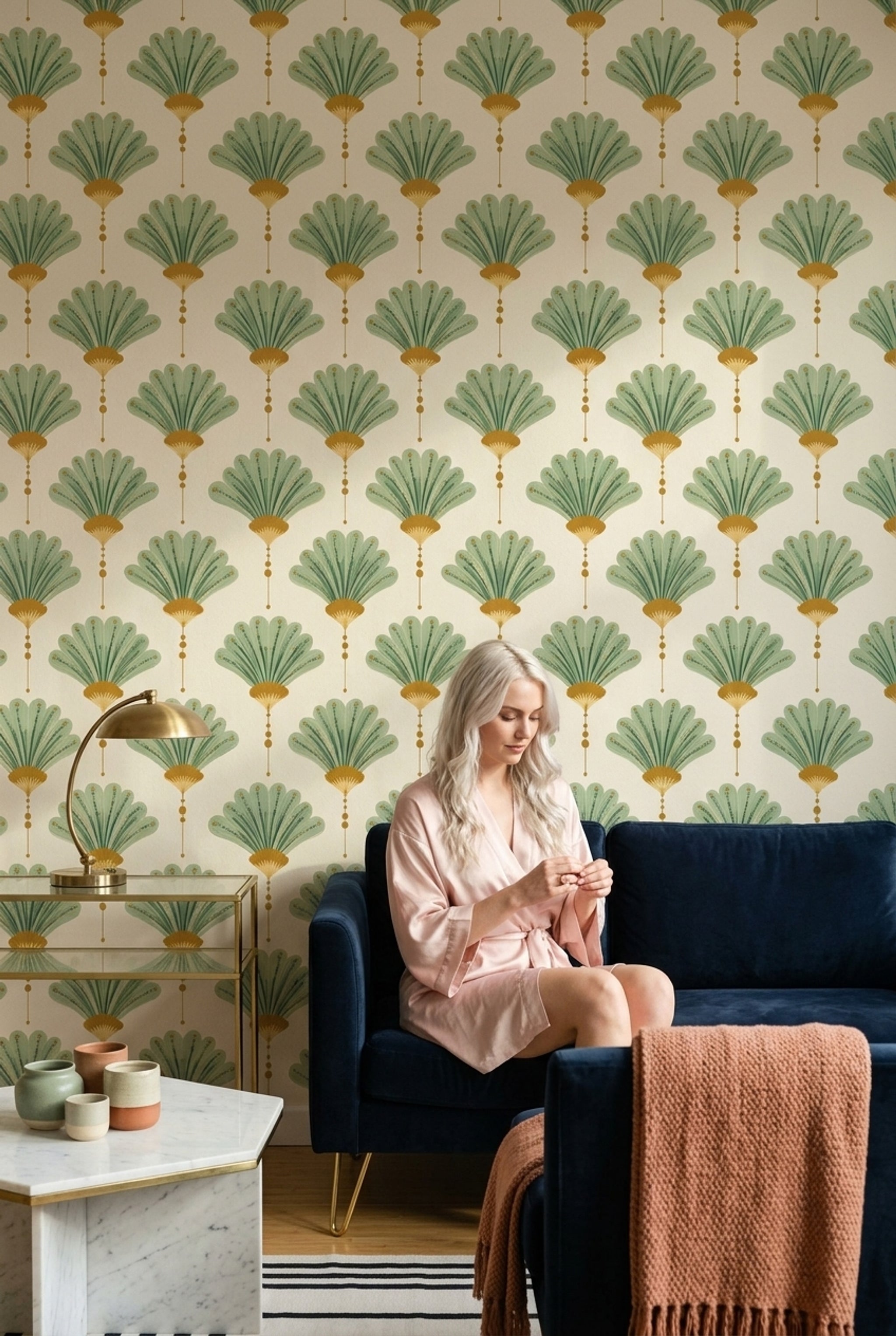 Art Deco Wallpaper Fan Motif Removable Ginkgo Leaves Wall Double Roll